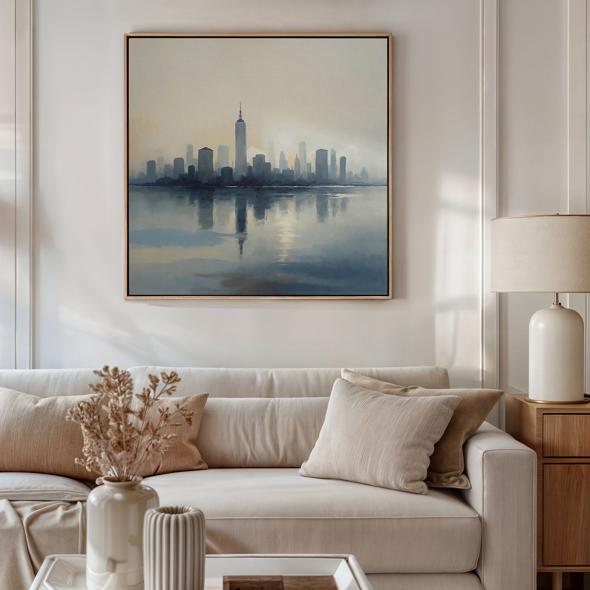A modern living room features a beige sofa, neutral cushions, a wooden side table with a lamp, dried flowers in a vase, and the Metropolitan Dawn Canvas Art - Square above the couch. The minimalist decor creates a calming atmosphere.