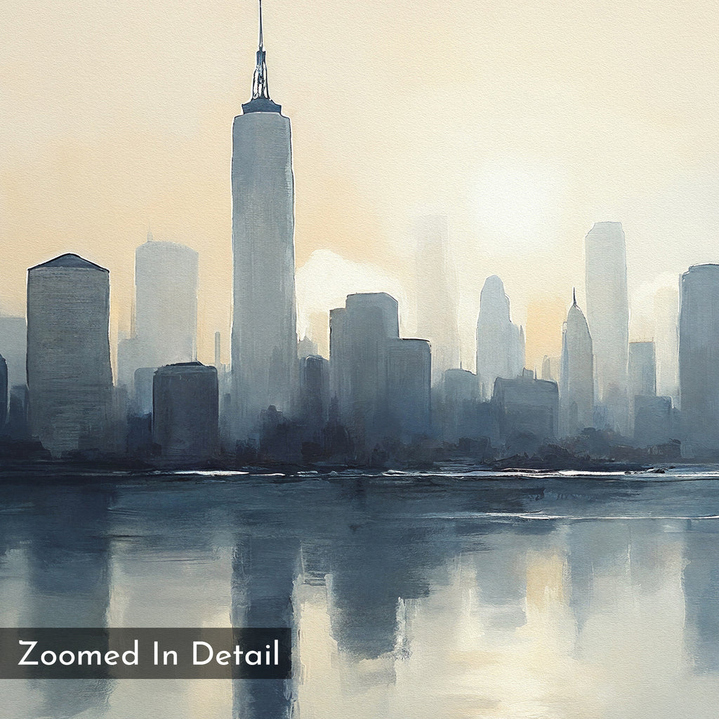 Metropolitan Dawn Canvas Art - Square features a digital city skyline at sunrise, tall buildings mirrored in calm water with a soft haze. Ideal urban wall art; “Zoomed In Detail” appears in the lower left corner.