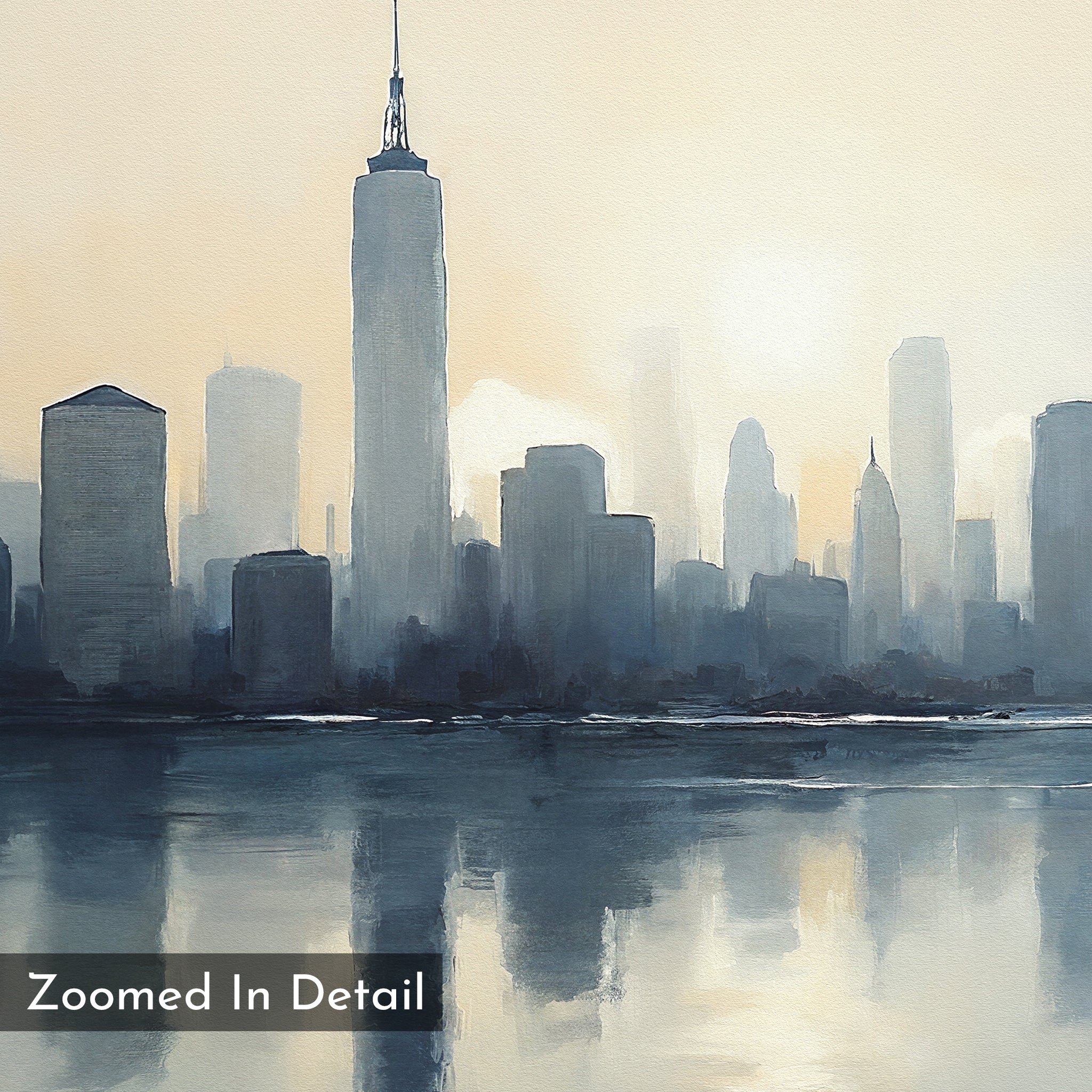 Metropolitan Dawn Canvas Art - Square features a digital city skyline at sunrise, tall buildings mirrored in calm water with a soft haze. Ideal urban wall art; “Zoomed In Detail” appears in the lower left corner.