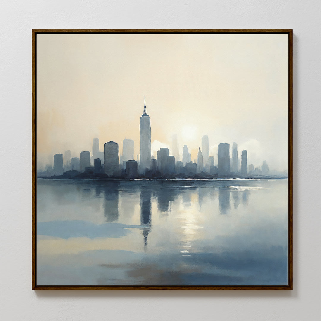 Metropolitan Dawn Canvas Art - Square captures a serene city skyline at sunrise, with tall buildings in soft blue and gray hues reflected on calm water. This wall art brings a tranquil, misty atmosphere to any room.