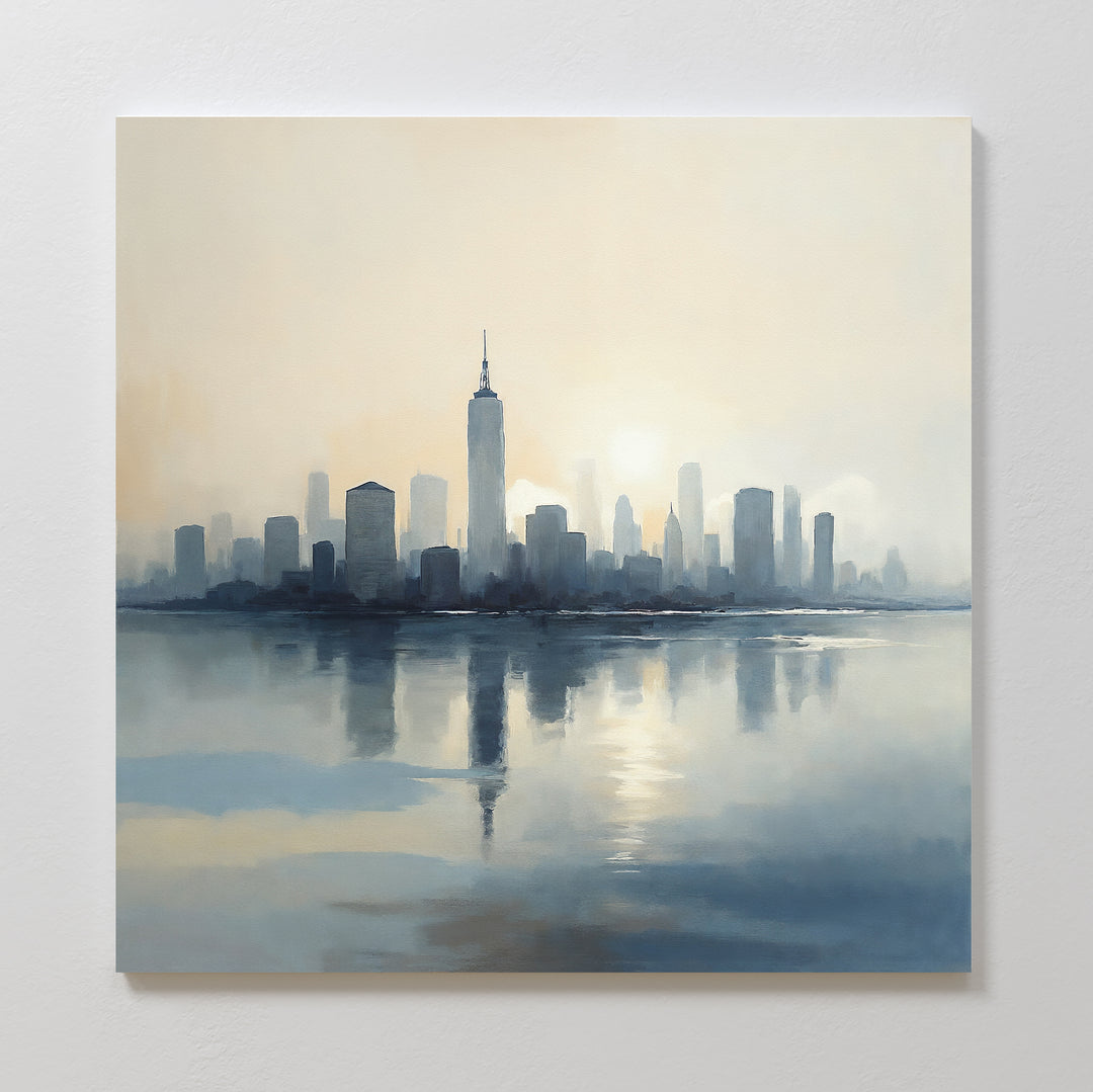The Metropolitan Dawn Canvas Art - Square showcases a soft, hazy city skyline with tall buildings and a striking tower reflected in calm water under a misty sky, making it perfect urban wall décor for any space.