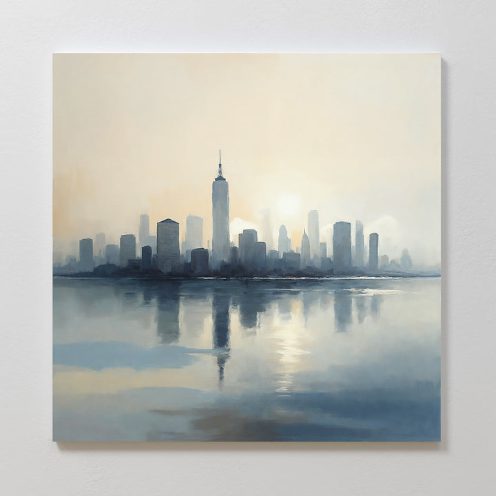 The Metropolitan Dawn Canvas Art - Square showcases a soft, hazy city skyline with tall buildings and a striking tower reflected in calm water under a misty sky, making it perfect urban wall décor for any space.