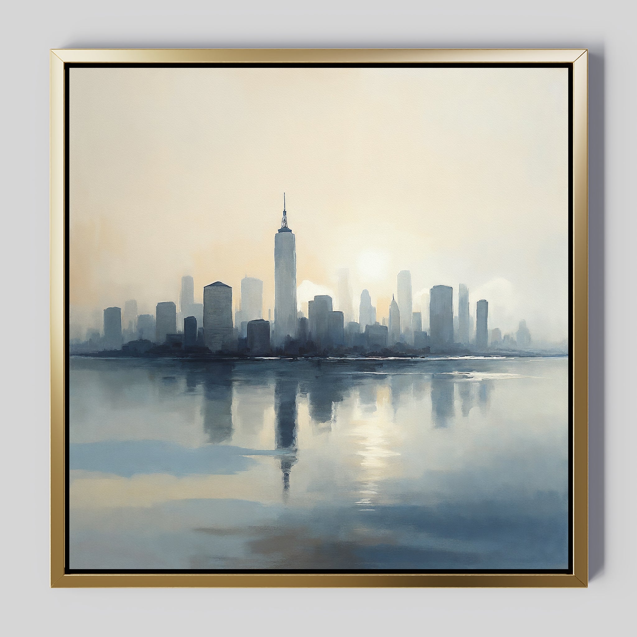 Metropolitan Dawn Canvas Art - Square features a city skyline at sunrise or sunset, with tall buildings mirrored on calm water. Soft blue, gray, and beige hues create serene urban wall art that adds an atmospheric touch to your space.