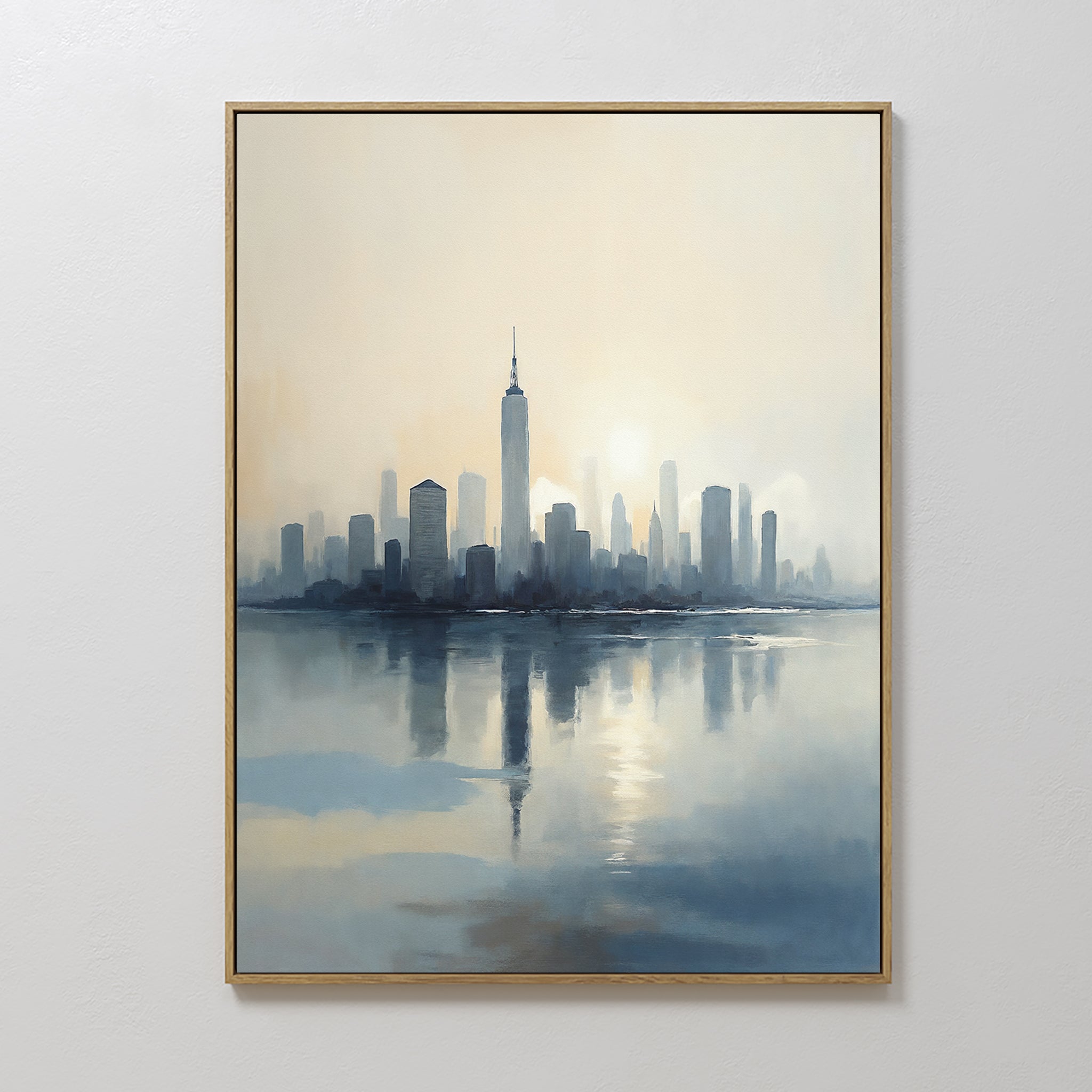 The Metropolitan Dawn Canvas Art - Vertical features a serene city skyline at sunrise, reflected on calm water, with skyscrapers silhouetted against a soft blue and beige sky—perfect tranquil decor for your space.