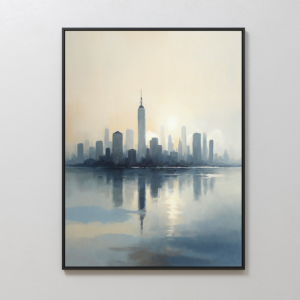 The Metropolitan Dawn Canvas Art - Vertical showcases a serene city skyline at sunrise, with tall buildings mirrored in calm water and soft, muted colors—perfect urban tranquility artwork for your space.