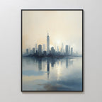 The Metropolitan Dawn Canvas Art - Vertical showcases a serene city skyline at sunrise, with tall buildings mirrored in calm water and soft, muted colors—perfect urban tranquility artwork for your space.