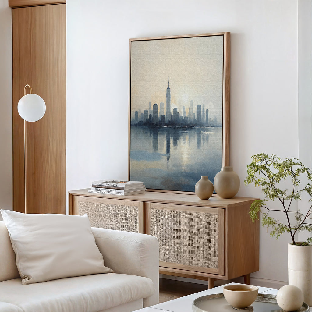 A modern living room with soft, neutral furniture features the Metropolitan Dawn Canvas Art - Vertical, showcasing an urban skyline in blue and yellow. A light wooden cabinet, beige vases, books, and a potted plant complete this tranquil minimalist space.