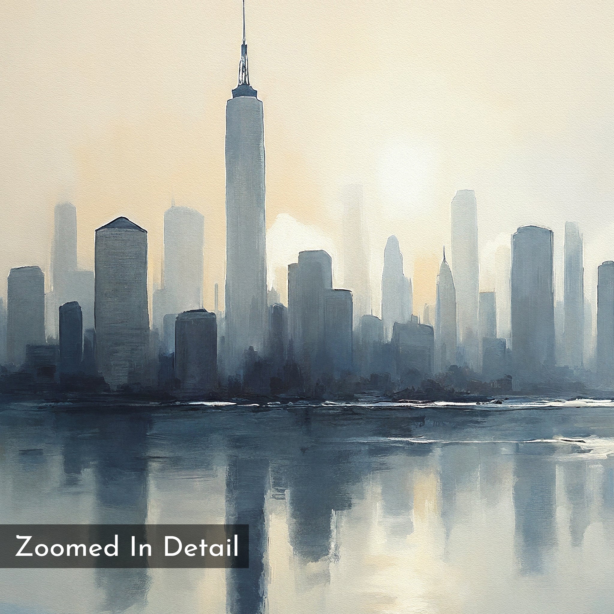 Metropolitan Dawn Canvas Art - Vertical depicts a city skyline of tall skyscrapers mirrored in calm water under a hazy sky, capturing urban tranquility. "Zoomed In Detail" text appears in the bottom left corner.