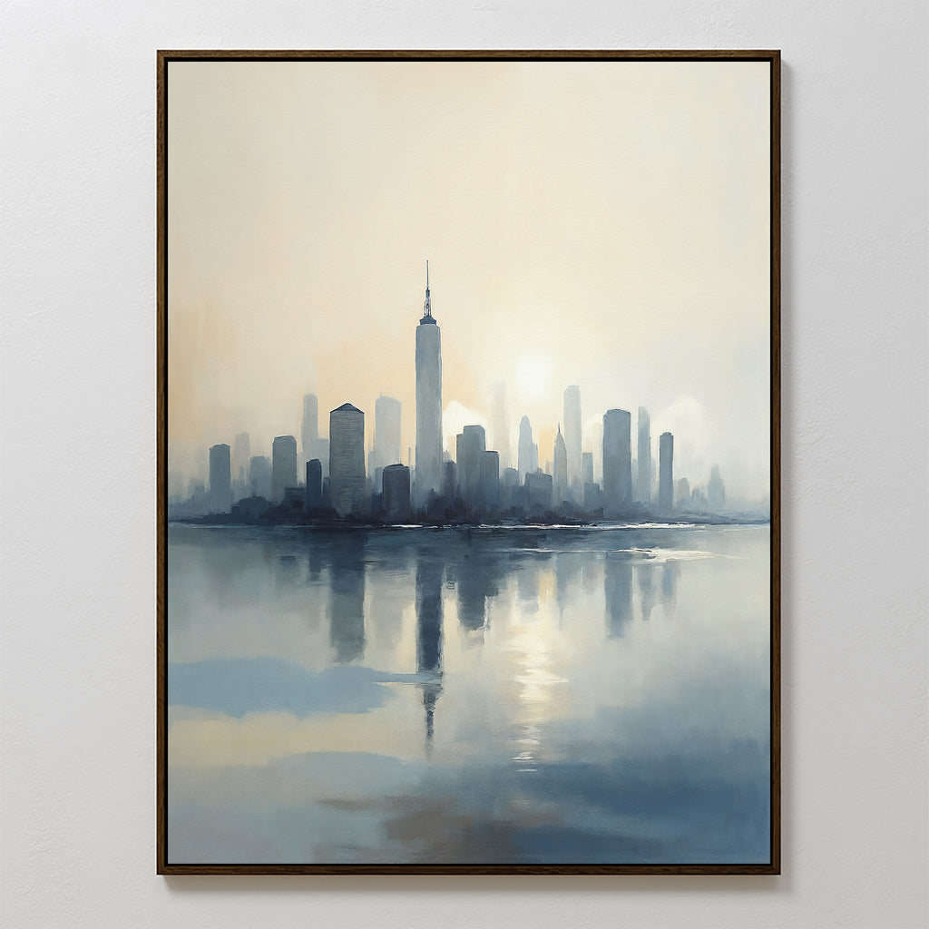 The Metropolitan Dawn Canvas Art - Vertical showcases a serene city skyline at sunrise, with tall buildings mirrored in still water. Soft blue, gray, and beige hues evoke urban tranquility, making it a peaceful addition to any wall.