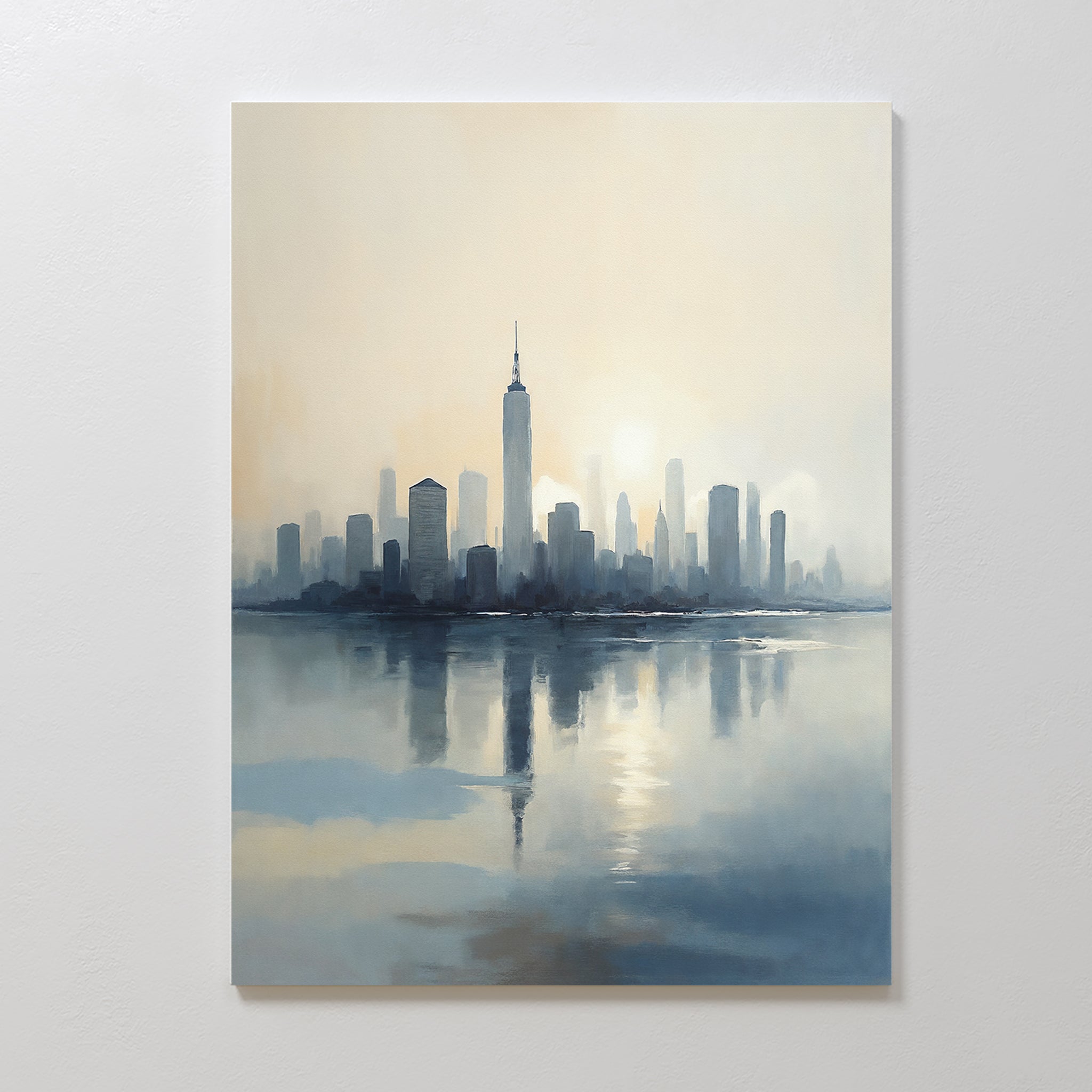 The Metropolitan Dawn Canvas Art - Vertical features a serene city skyline at sunrise with tall buildings mirrored on calm water, rendered in soft blue, gray, and beige—ideal urban tranquility artwork for any space.