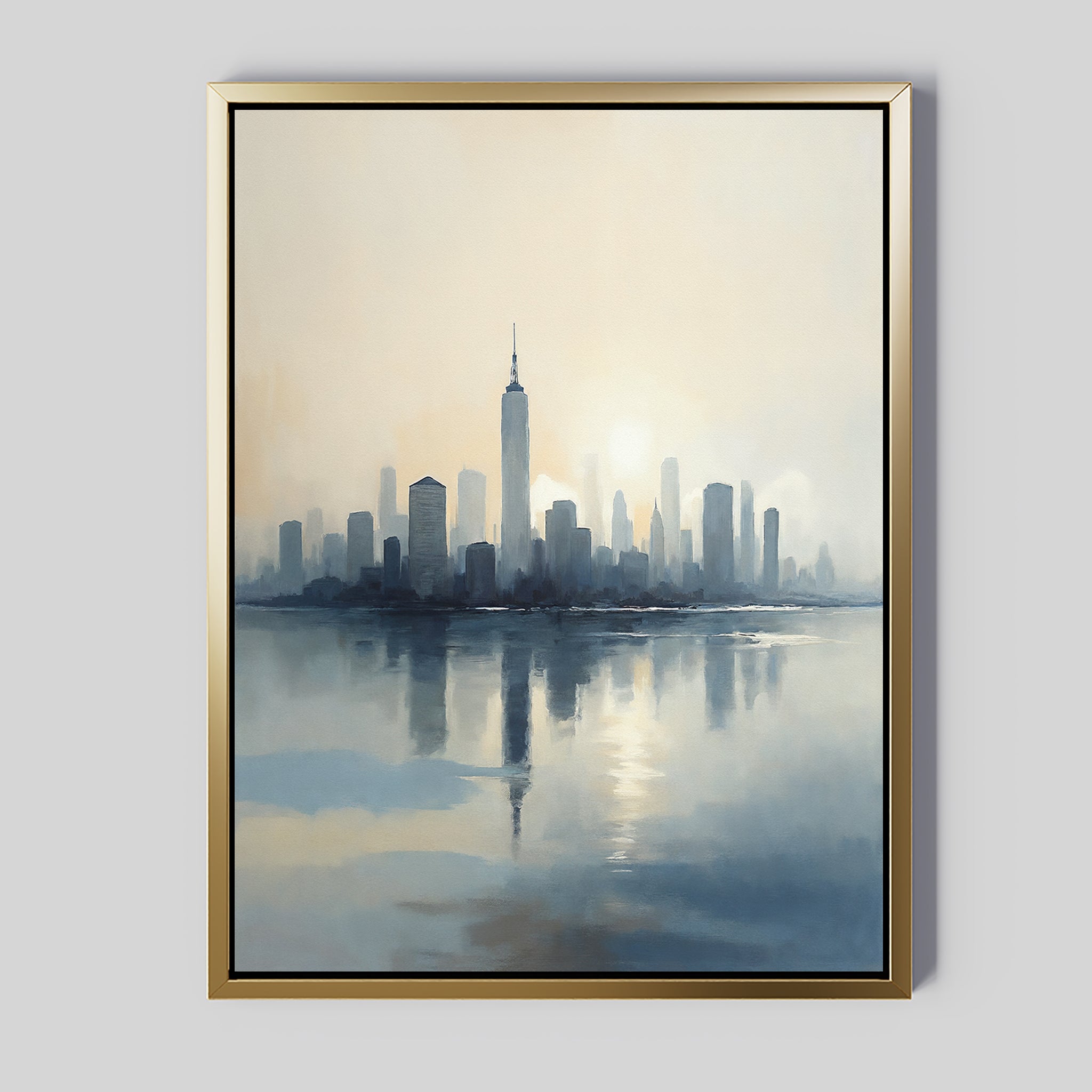 The Metropolitan Dawn Canvas Art - Vertical showcases a city skyline at sunrise, with skyscrapers mirrored in serene water. Soft tones and a gentle haze evoke urban tranquility in this captivating framed artwork.