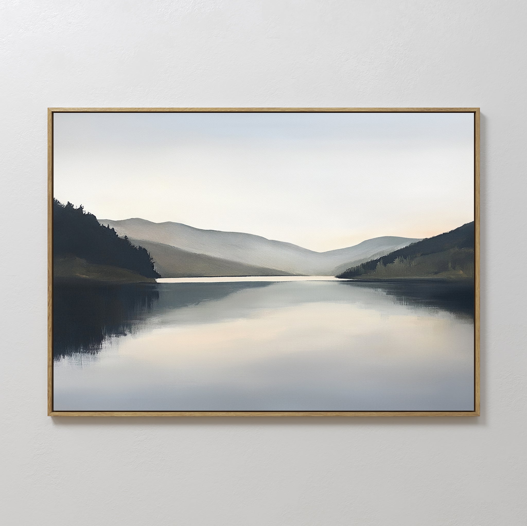 Mirror Valley Canvas Art - Horizontal features a peaceful lake reflecting distant hills and a cloudy sky, with tree silhouettes along the shore—a perfect choice for serene Nordic Park wall décor.