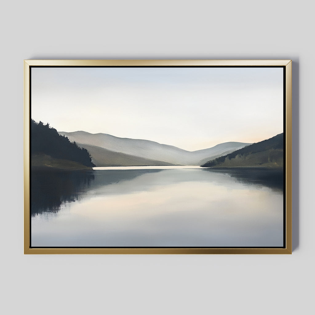 Mirror Valley Canvas Art - Horizontal features a tranquil lake reflecting distant hills and a soft, cloudy sky in calming natural tones—an ideal piece of Nordic Park-inspired wall art to bring serenity to any space.