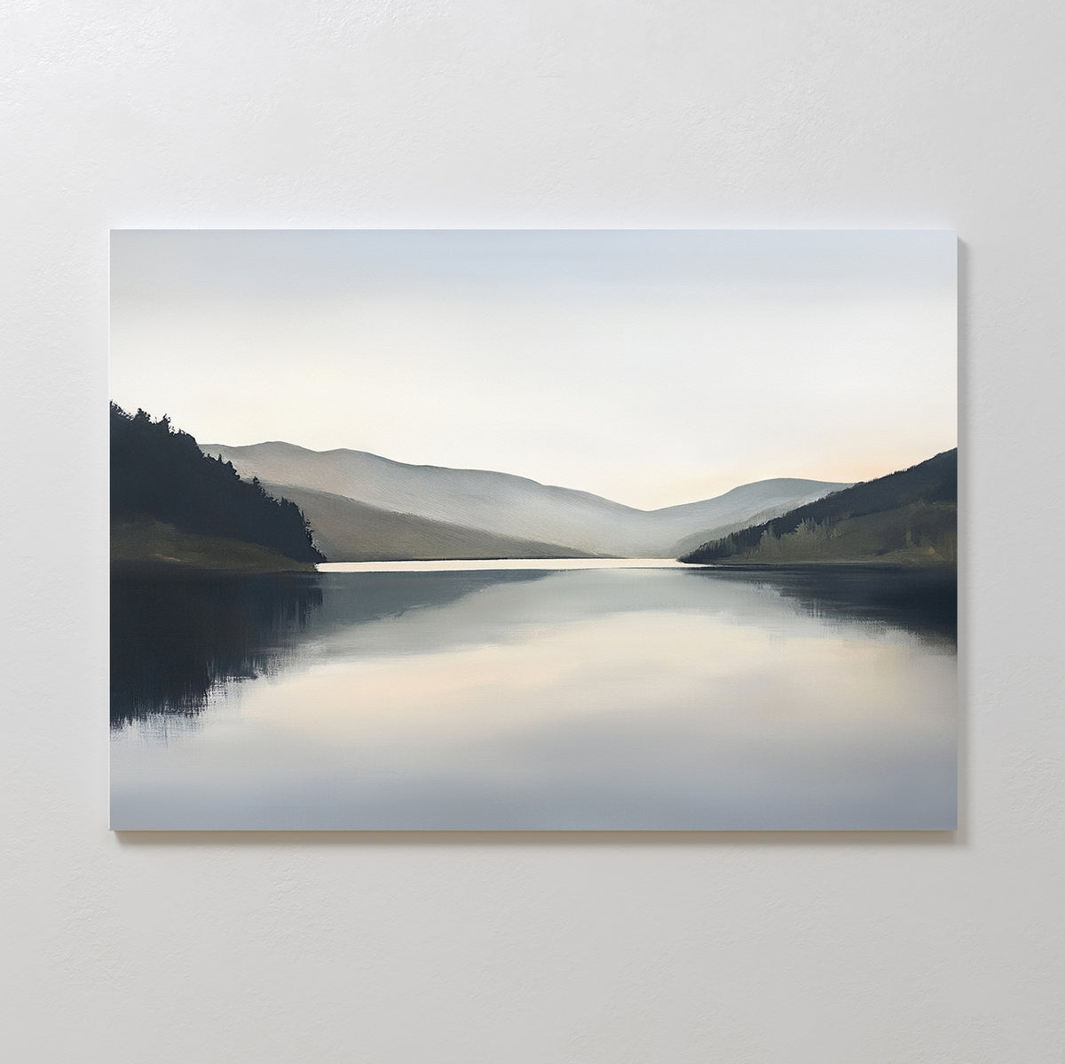 The Mirror Valley Canvas Art - Horizontal features calm water mirroring distant peaks and a soft sky, with forested hills creating a peaceful mood—perfect as tranquil Nordic Park wall art for your space.