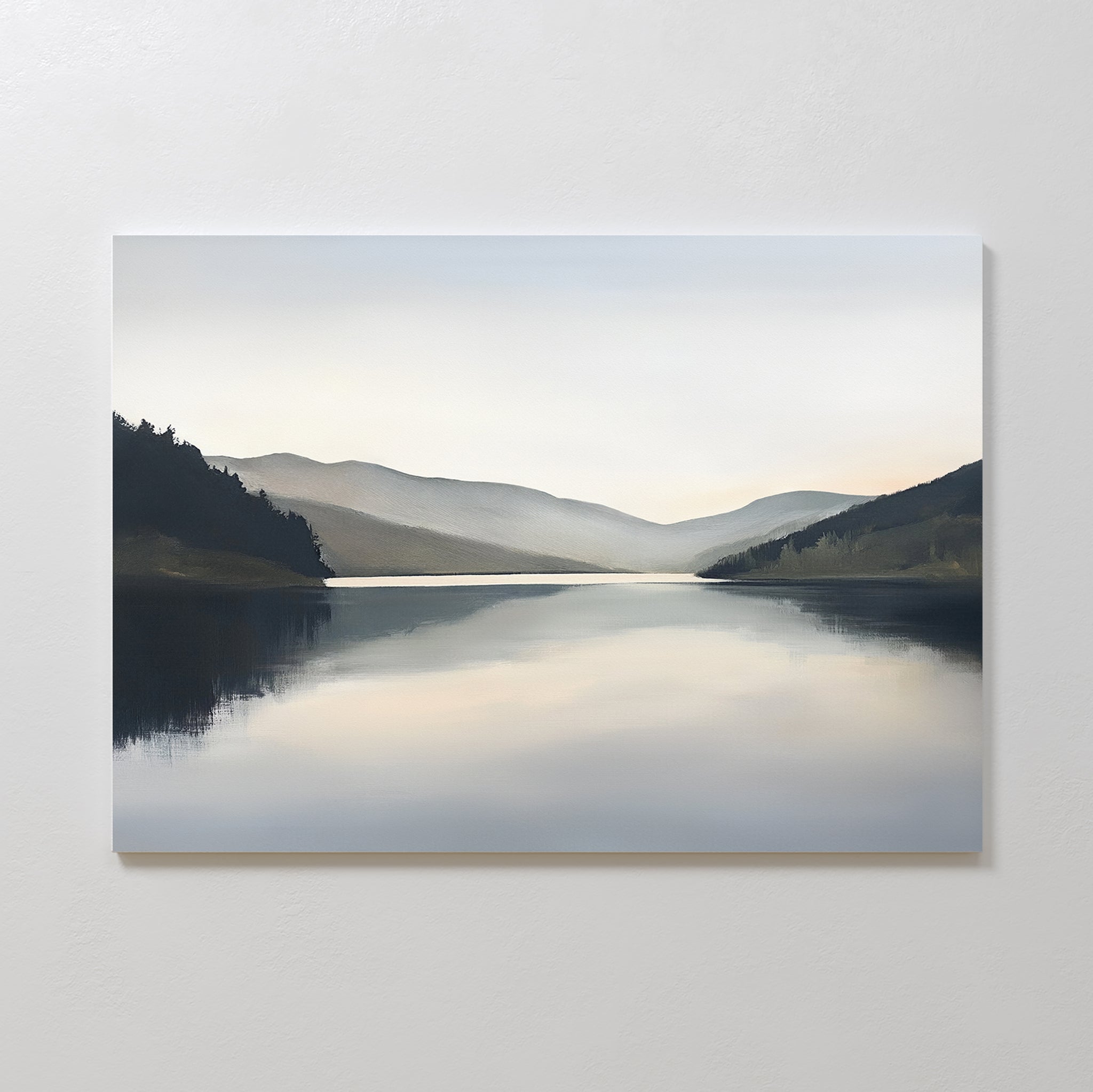The Mirror Valley Canvas Art - Horizontal features calm water mirroring distant peaks and a soft sky, with forested hills creating a peaceful mood—perfect as tranquil Nordic Park wall art for your space.
