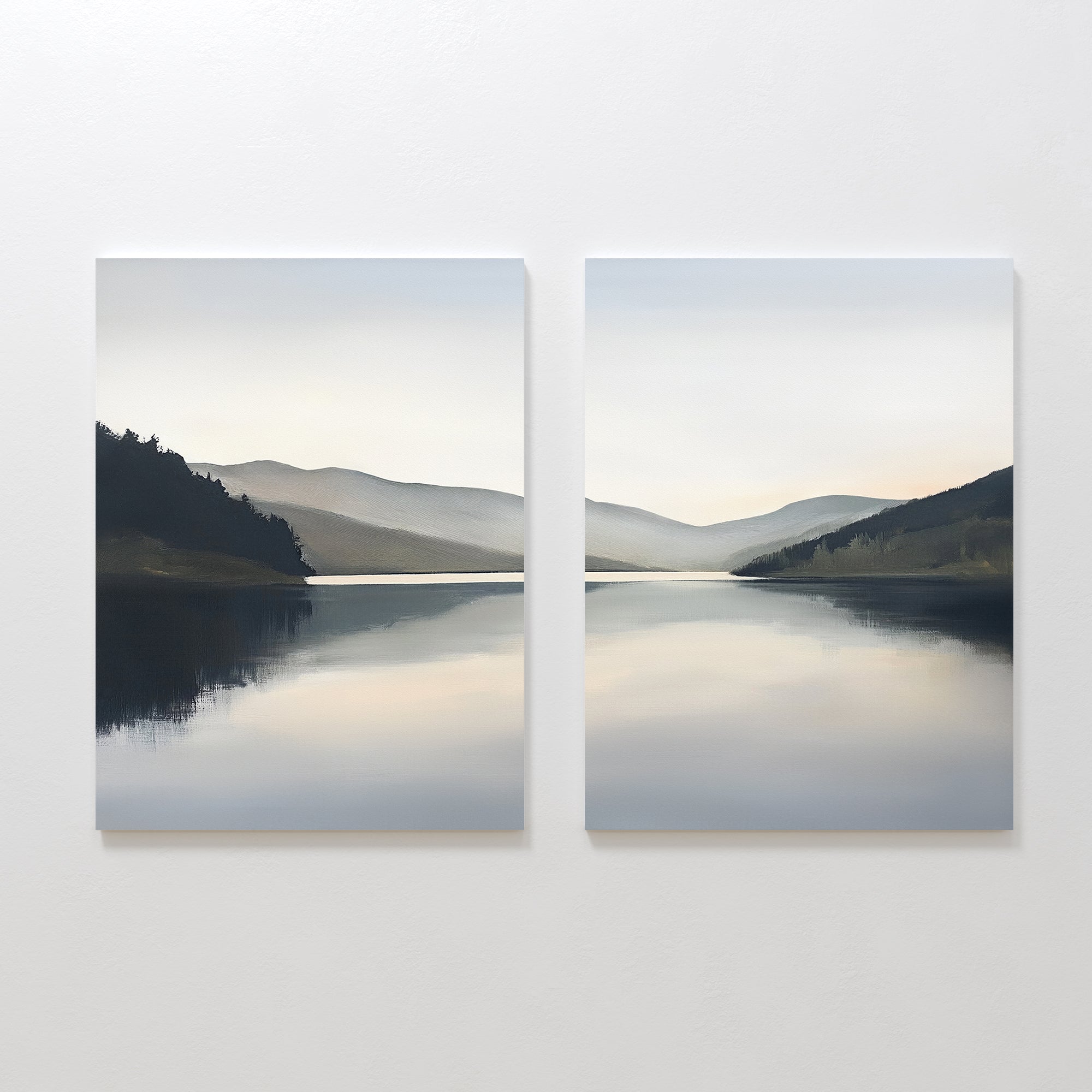 Mirror Valley - Set of 2" features a calm lake with soft hill and tree reflections under a misty sky, split across two canvases in muted tones—ideal as canvas prints to create a serene, Nordic Park-inspired atmosphere.