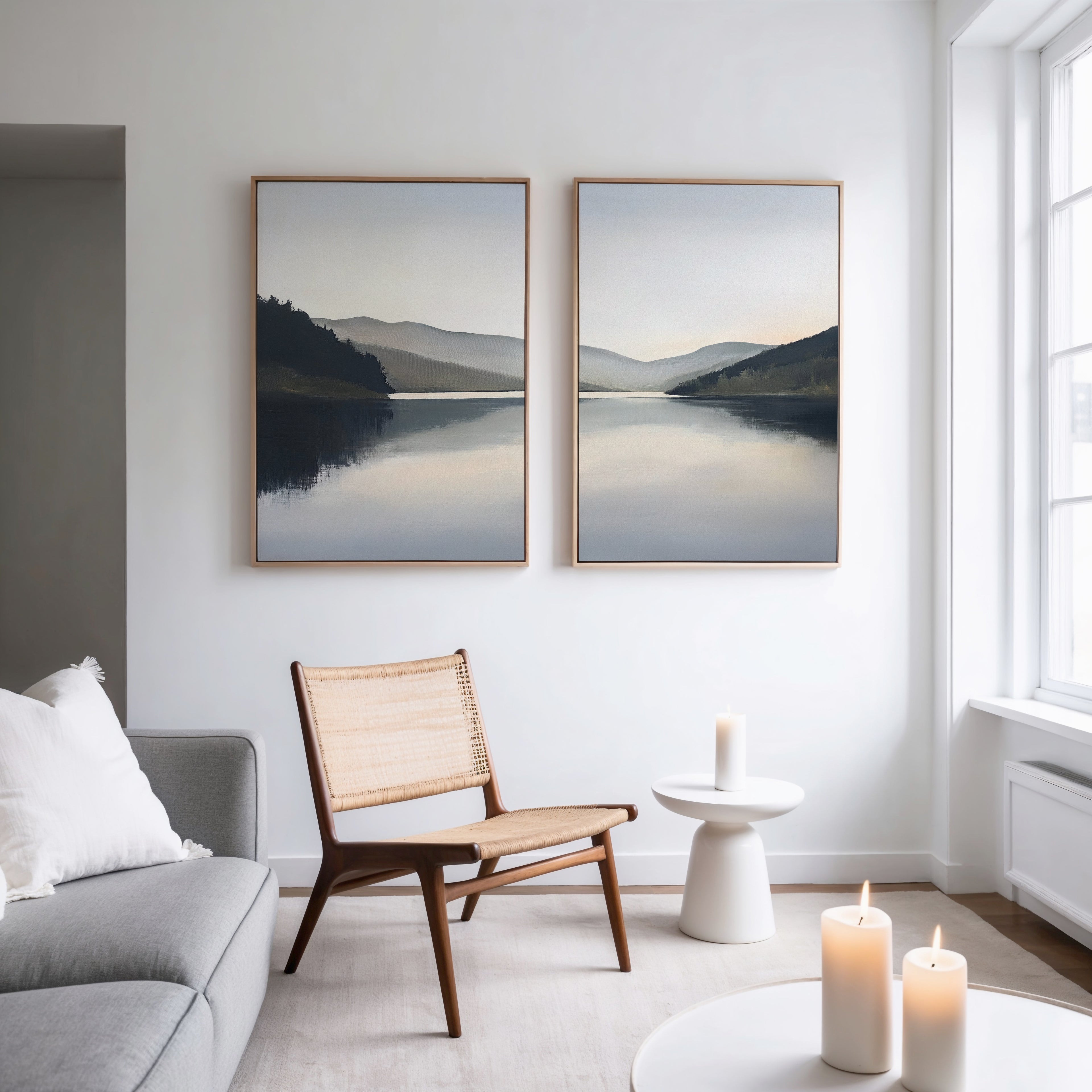 A modern, minimal living room with a light gray sofa, woven chair, round white table, and candles. Two tonal landscape canvas prints titled "Mirror Valley - Set of 2" hang on the white wall. Natural light fills the space from large windows.