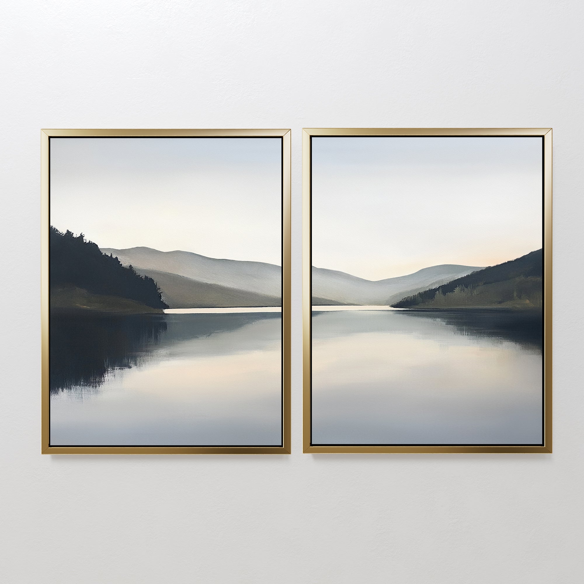 Mirror Valley - Set of 2 features framed canvas prints depicting a calm lake with soft hills and trees mirrored in the water, all beneath a pale sky. This diptych aligns seamlessly to evoke Nordic Park tranquility.