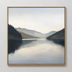 The Mirror Valley Canvas Art - Square features a serene, minimalist landscape of a calm lake beneath misty mountains and a pale sky, with gentle water reflections for tranquil wall decor.