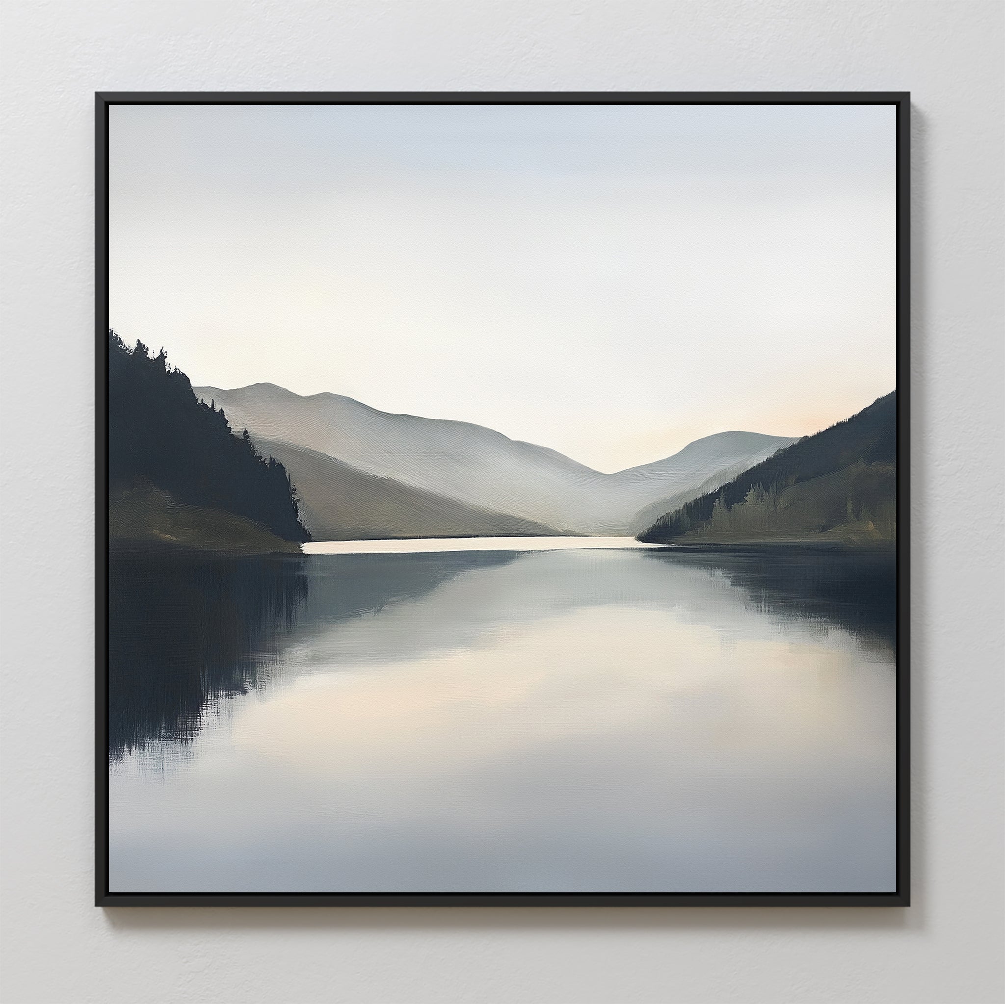 Mirror Valley Canvas Art - Square features a calm lake in Nordic Park, surrounded by misty mountains under a pale sky, with the serene landscape and mountains reflected gently in the water.