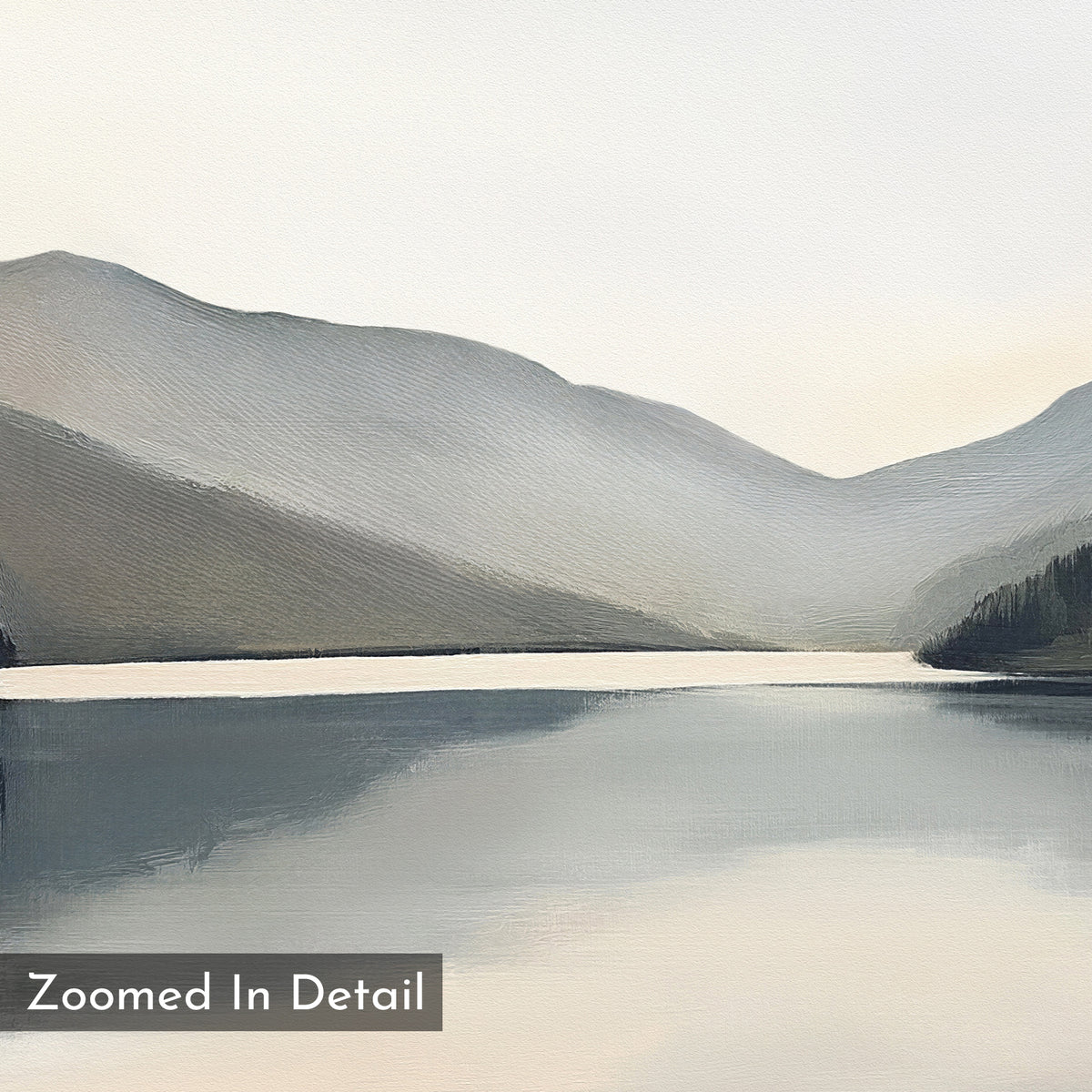 Mirror Valley Canvas Art - Square features a serene lake mirroring misty mountains under a pale sky in muted tones. This textured image, labeled "Zoomed In Detail," is perfect as zoomed-in mountain landscape wall art.