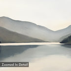 Mirror Valley Canvas Art - Square features a serene lake mirroring misty mountains under a pale sky in muted tones. This textured image, labeled "Zoomed In Detail," is perfect as zoomed-in mountain landscape wall art.