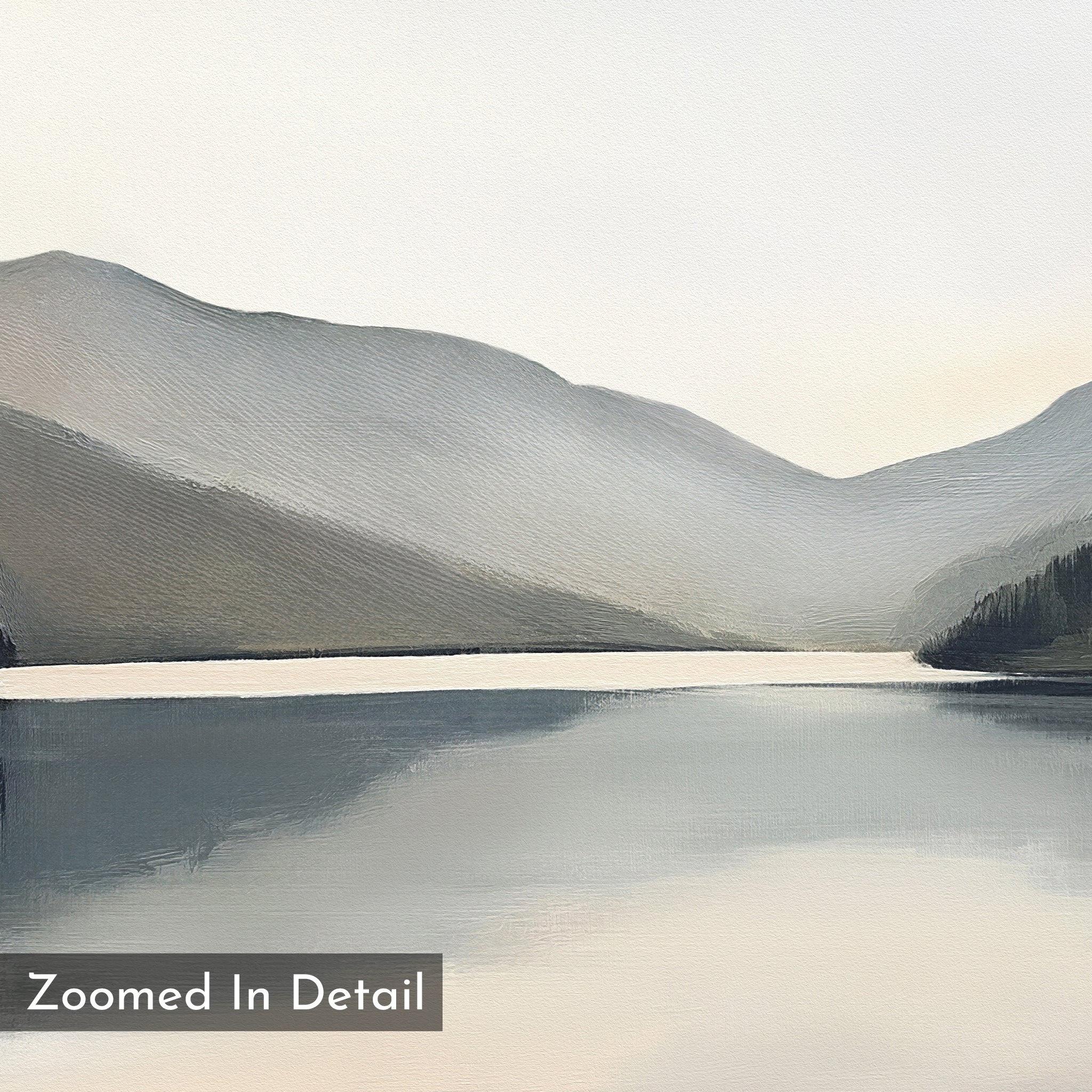Mirror Valley Canvas Art - Square features a serene lake mirroring misty mountains under a pale sky in muted tones. This textured image, labeled "Zoomed In Detail," is perfect as zoomed-in mountain landscape wall art.