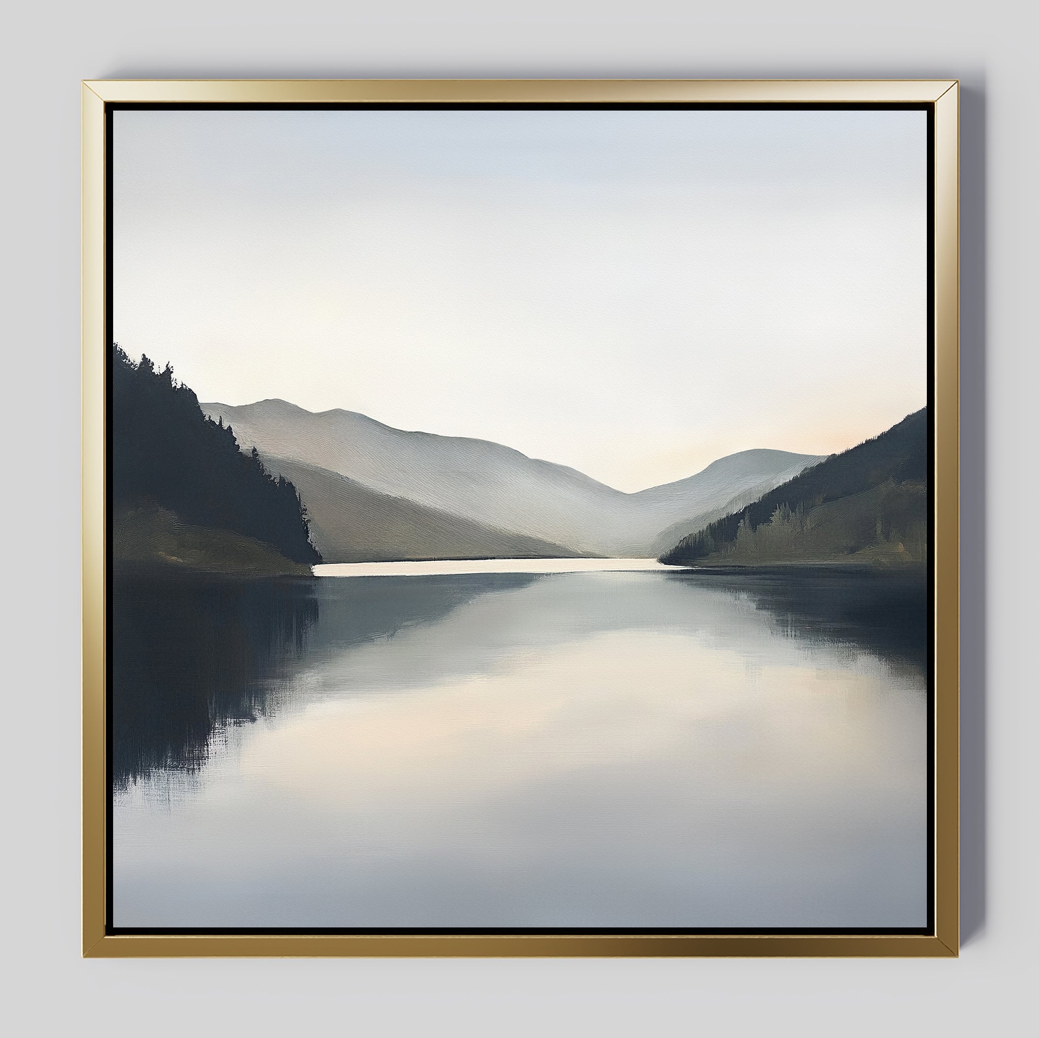 The Mirror Valley Canvas Art - Square features a serene lake at dawn with misty mountains in the background, calm water reflecting the landscape, and soft, muted colors for a tranquil touch to your space.