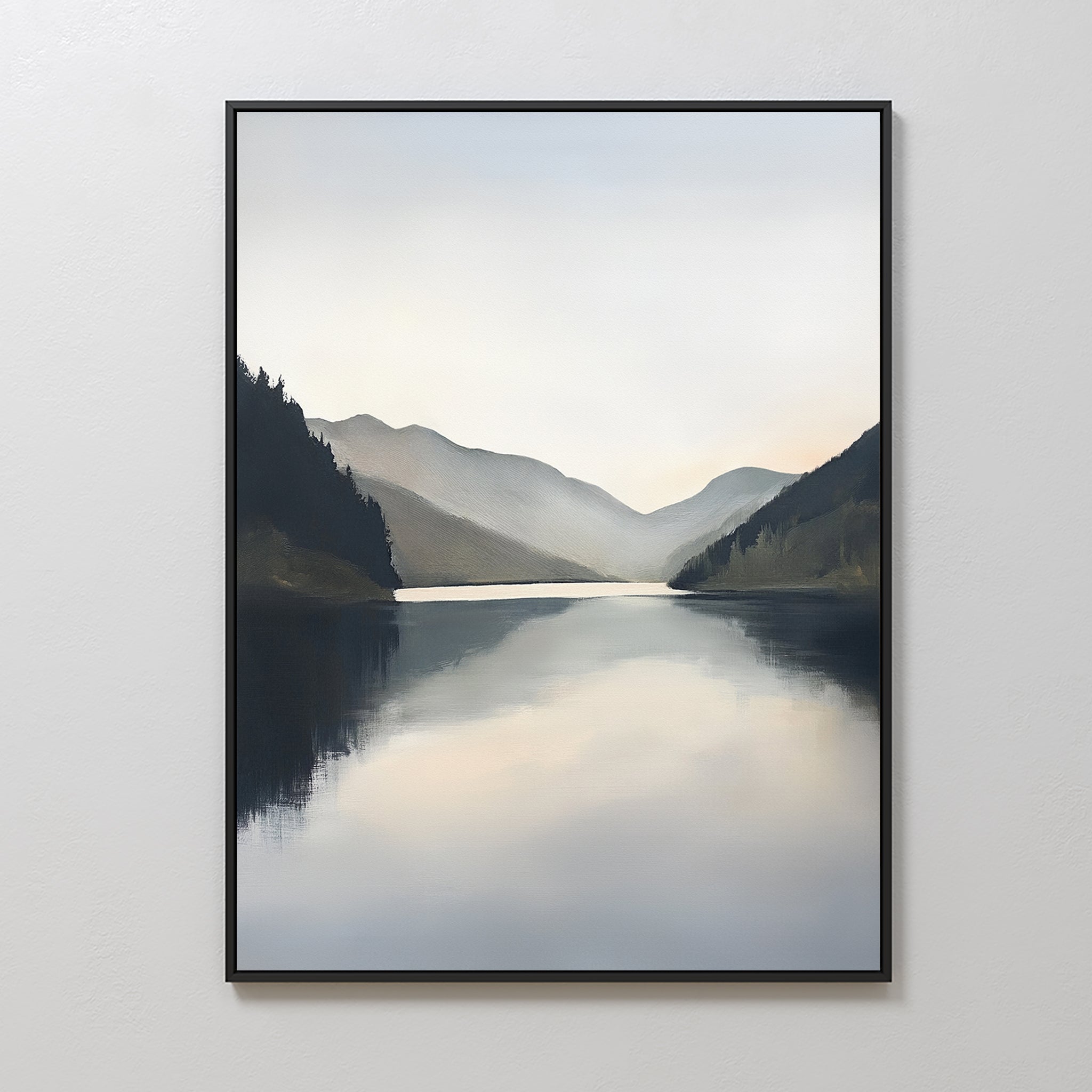 Mirror Valley Canvas Art - Vertical features a serene lake with misty mountains and an overcast sky, capturing calm reflections—an ideal landscape wall art piece to bring peaceful vibes to your Nordic decor.