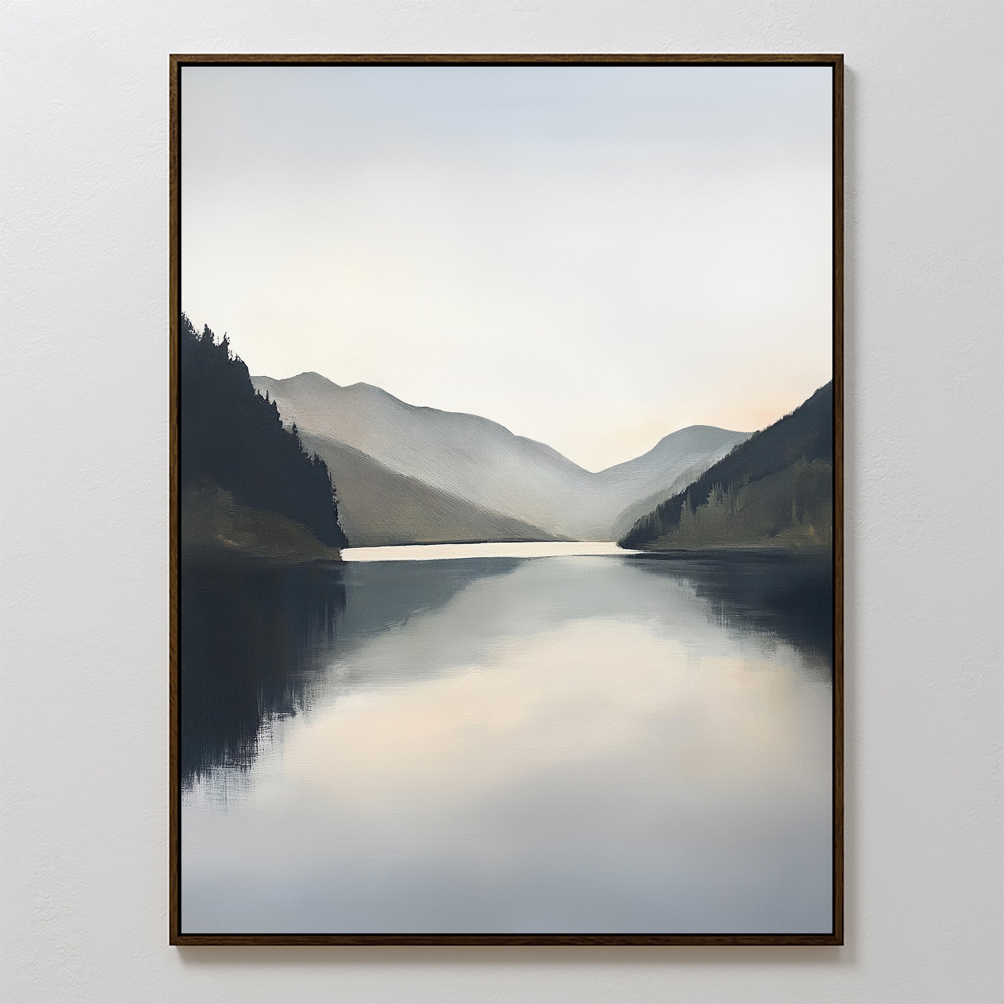 Mirror Valley Canvas Art - Vertical features a calm lake surrounded by misty mountains under a cloudy sky. Soft blue, gray, and green hues reflect on the water, creating serene wall art ideal for Nordic decor.