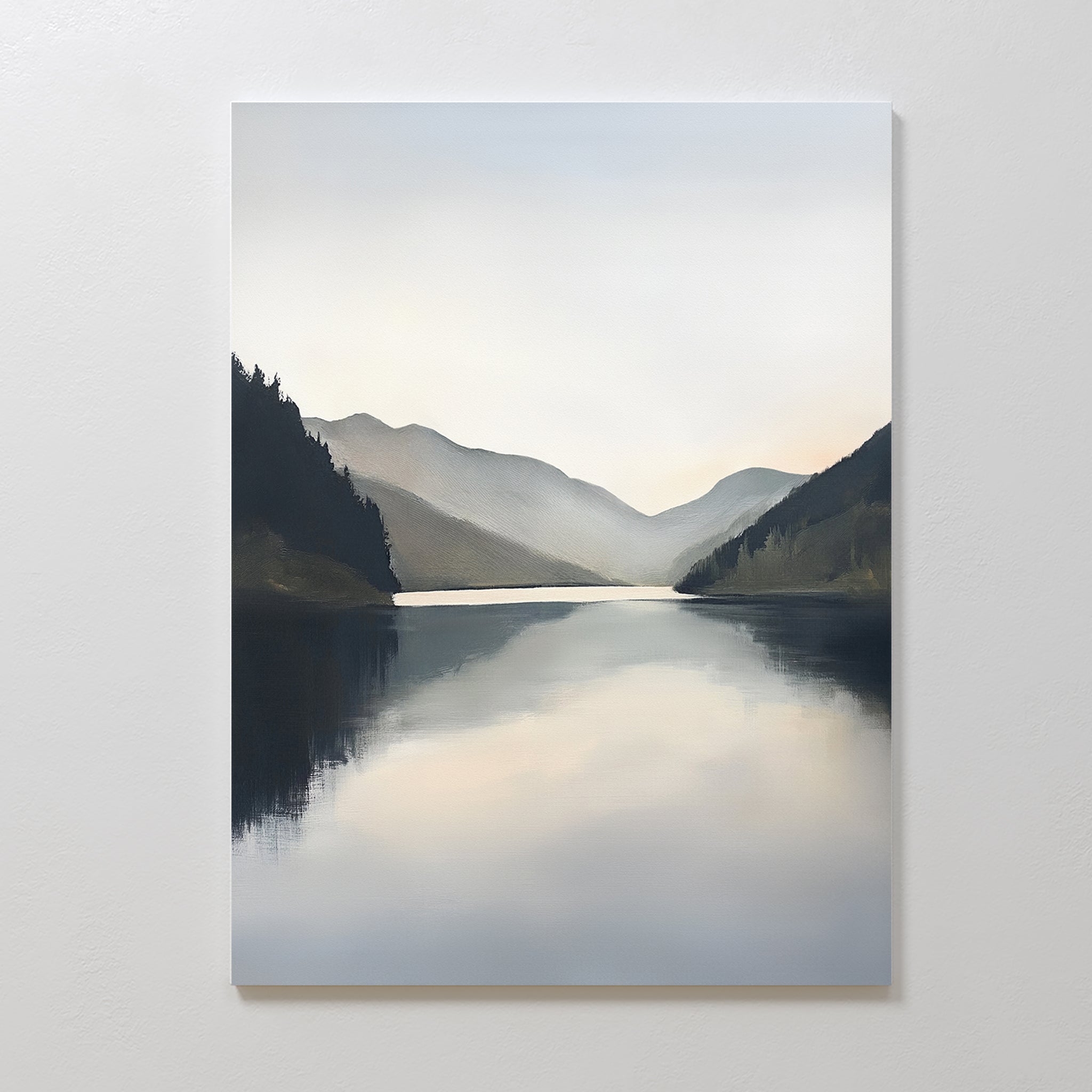 Mirror Valley Canvas Art - Vertical features a tranquil lake reflecting misty mountains and a soft sky, framed by dark, tree-lined hills—ideal landscape wall art to complement Nordic décor with its serene, diffused light.