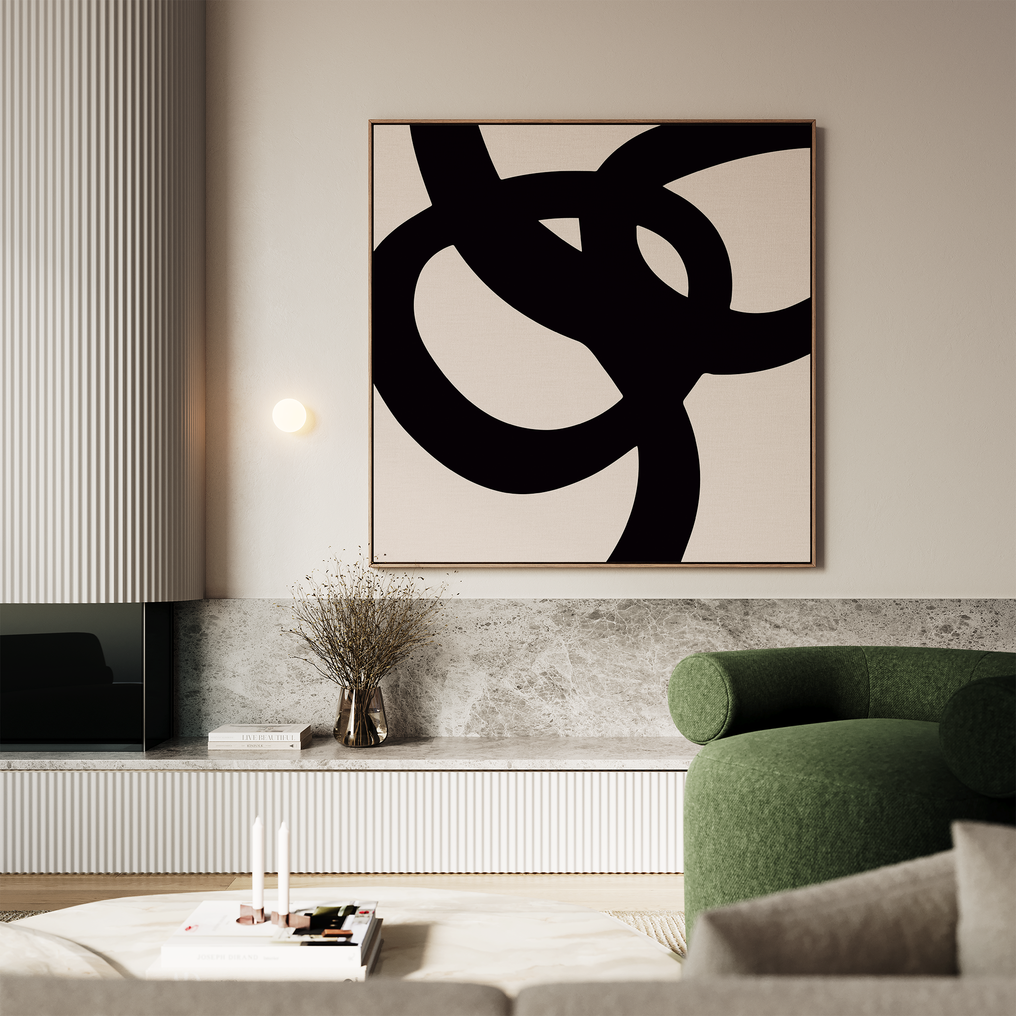 A modern living room exudes elegance with a green curved armchair, marble-topped console, vase of dried branches, and minimalist wall art—a Monochrome Stream Abstract Canvas Art above the console.