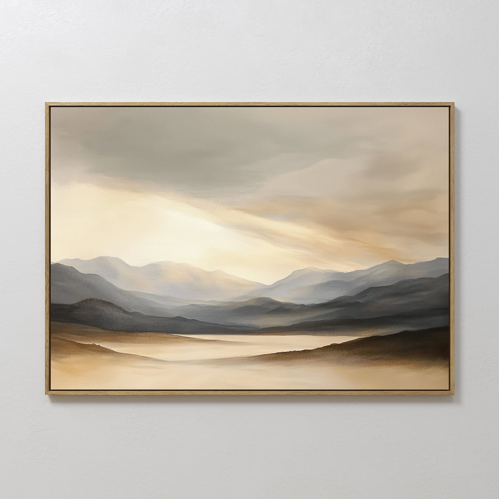 The Mountain Reverie Canvas Art - Horizontal features a serene landscape of misty peaks with soft sunlight and gentle beige, gray, and brown tones—ideal for Nordic Park-inspired tranquil wall decor.