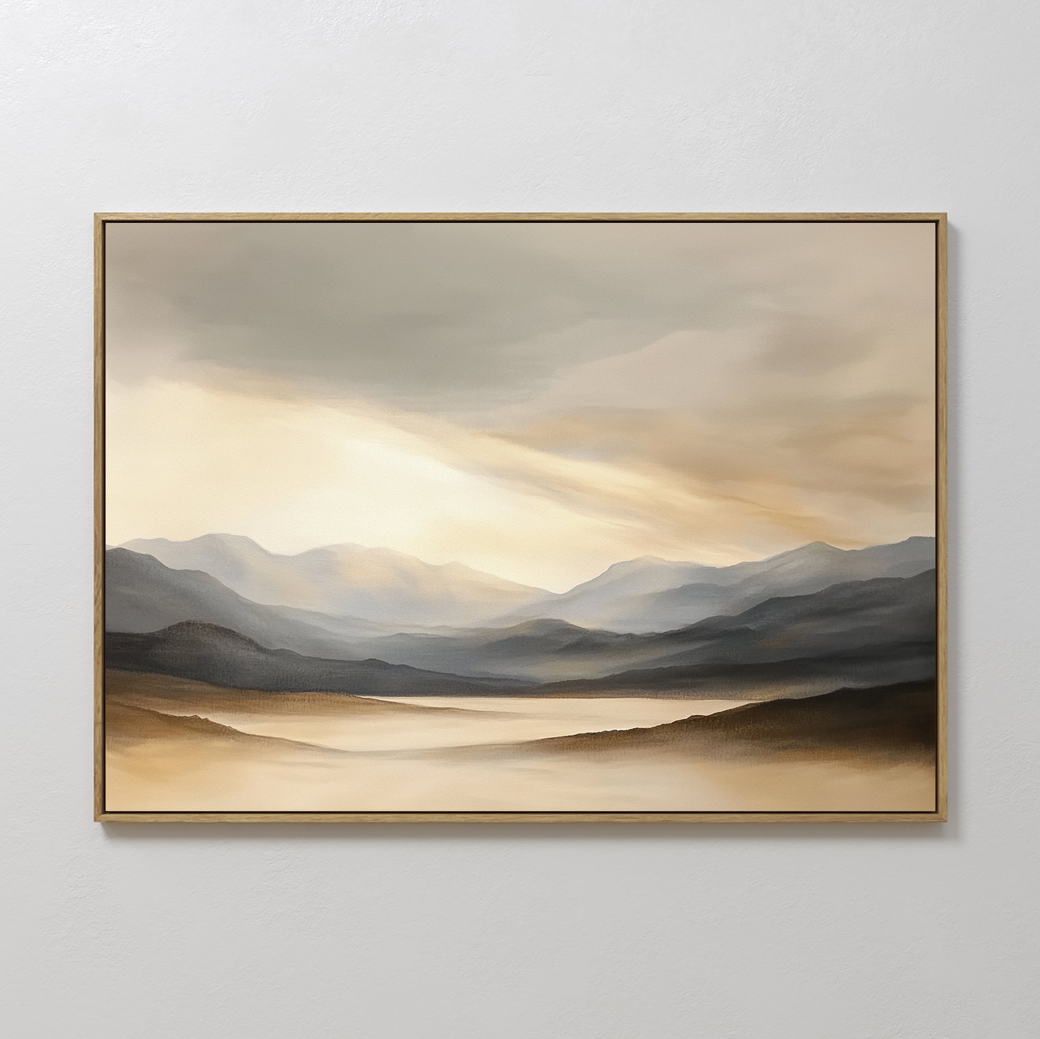 The Mountain Reverie Canvas Art - Horizontal features a serene landscape of misty peaks with soft sunlight and gentle beige, gray, and brown tones—ideal for Nordic Park-inspired tranquil wall decor.