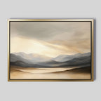 The Mountain Reverie Canvas Art - Horizontal features a serene landscape with soft tones, distant mountains, and a reflective lake, creating calming wall art that brings tranquility to your space.