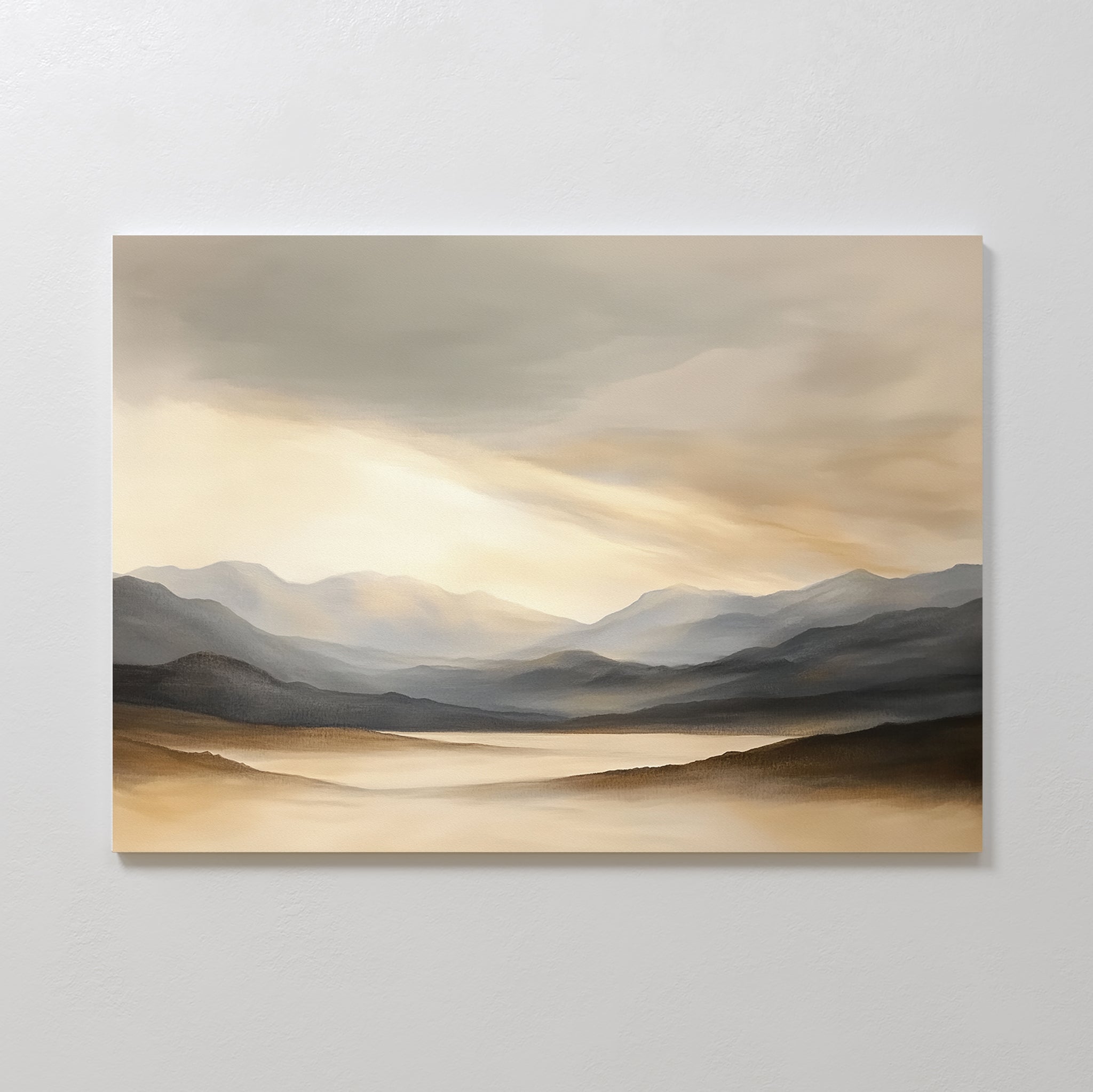 The Mountain Reverie Canvas Art - Horizontal features soft, dreamy peaks beneath a cloudy sky, with sunlight warming misty hills in beige and gray—creating serene wall art perfect for any space.