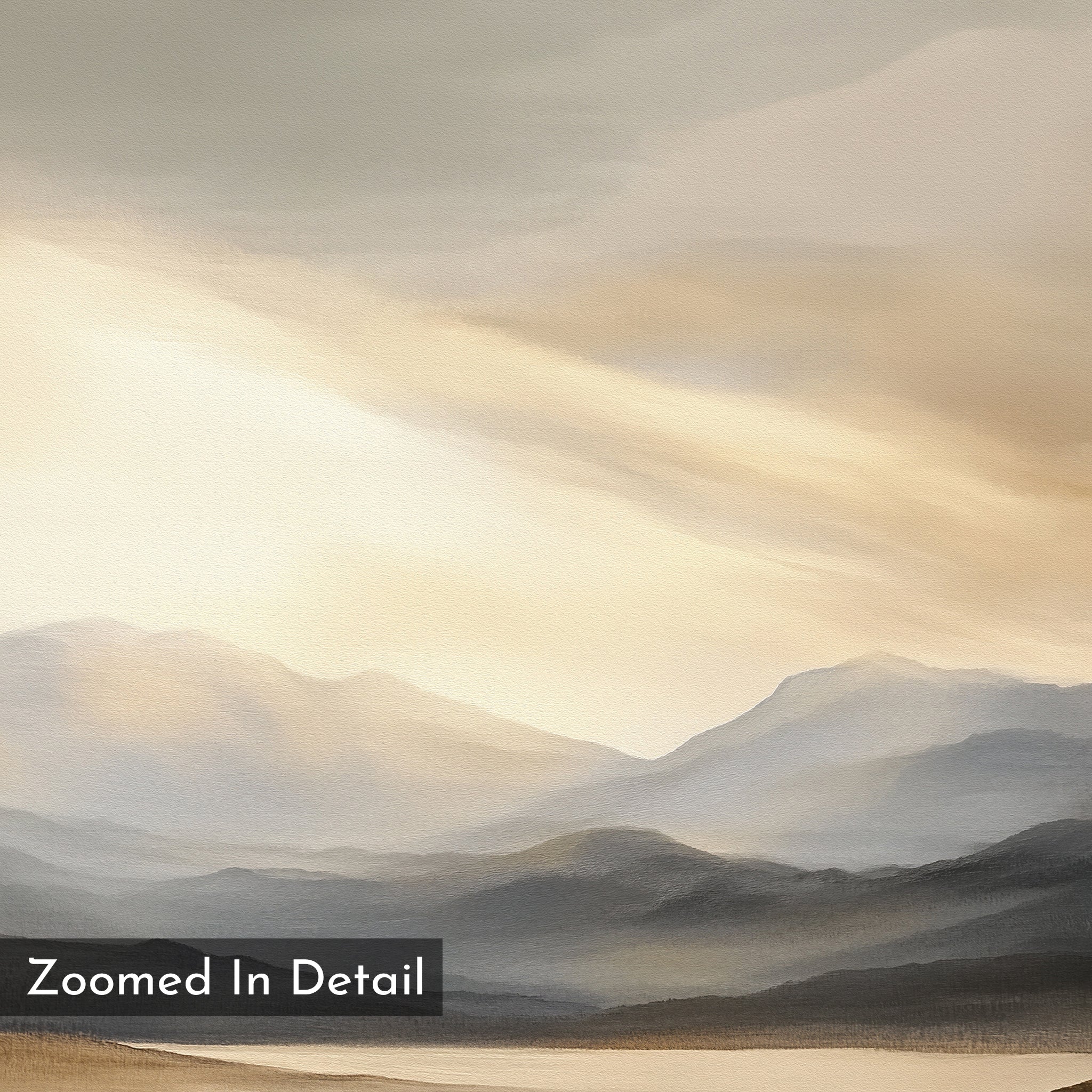 A soft, muted watercolor painting of distant mountain ranges under a cloudy sky, Mountain Reverie Canvas Art - Horizontal features gentle light on the ridges. Serene wall art with a "Zoomed In Detail" label in the lower left corner.