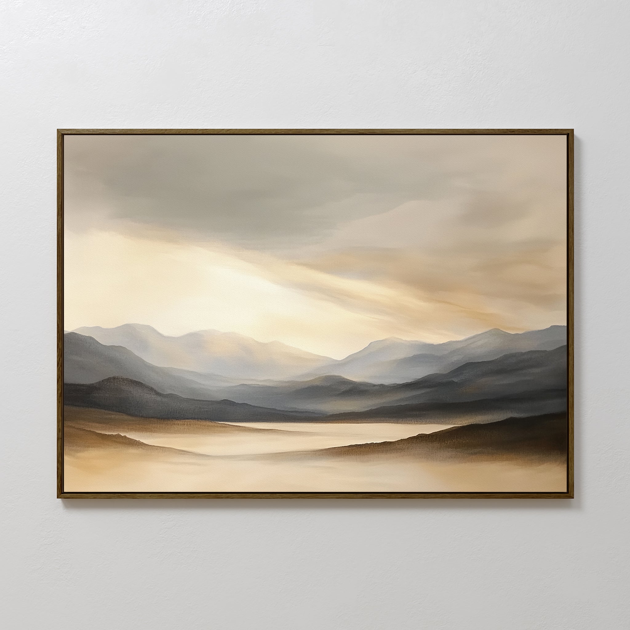 The Mountain Reverie Canvas Art - Horizontal features a serene mountain landscape with soft sunlight, muted beige, gray, and brown tones. This framed canvas print brings peaceful style to any space—ideal serene wall art for your home or office.