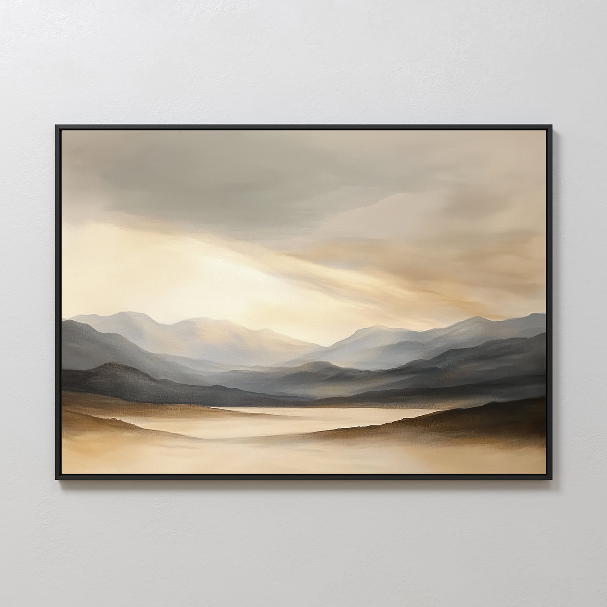The Mountain Reverie Canvas Art - Horizontal features misty mountains in soft beige, gray, and brown tones with gentle light through clouds, creating a serene landscape—perfect peaceful wall art for any space.