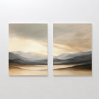 The Mountain Reverie - Set of 2 features square canvas prints side by side, each showcasing tranquil mountains and calm water under a softly lit cloudy sky in beige, taupe, and gray—ideal serene wall art for peaceful interiors.