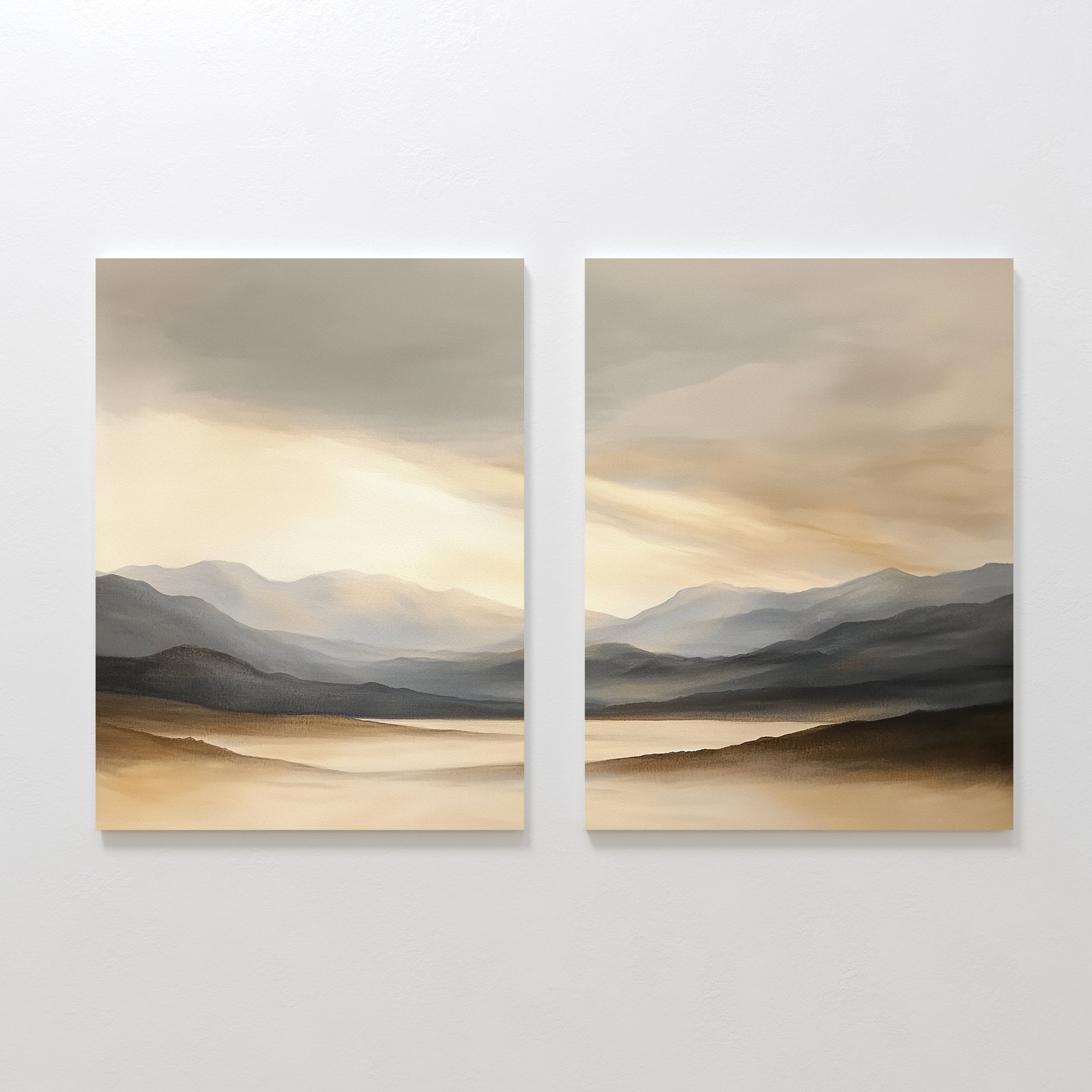 The Mountain Reverie - Set of 2 features square canvas prints side by side, each showcasing tranquil mountains and calm water under a softly lit cloudy sky in beige, taupe, and gray—ideal serene wall art for peaceful interiors.