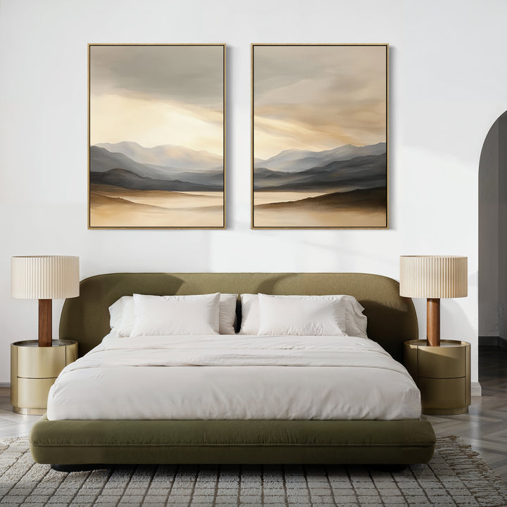 A modern bedroom with an olive green bed, white bedding, two beige nightstands with matching lamps, and the "Mountain Reverie - Set of 2" canvas prints above the bed. Neutral, minimalist decor creates a calm, stylish atmosphere.