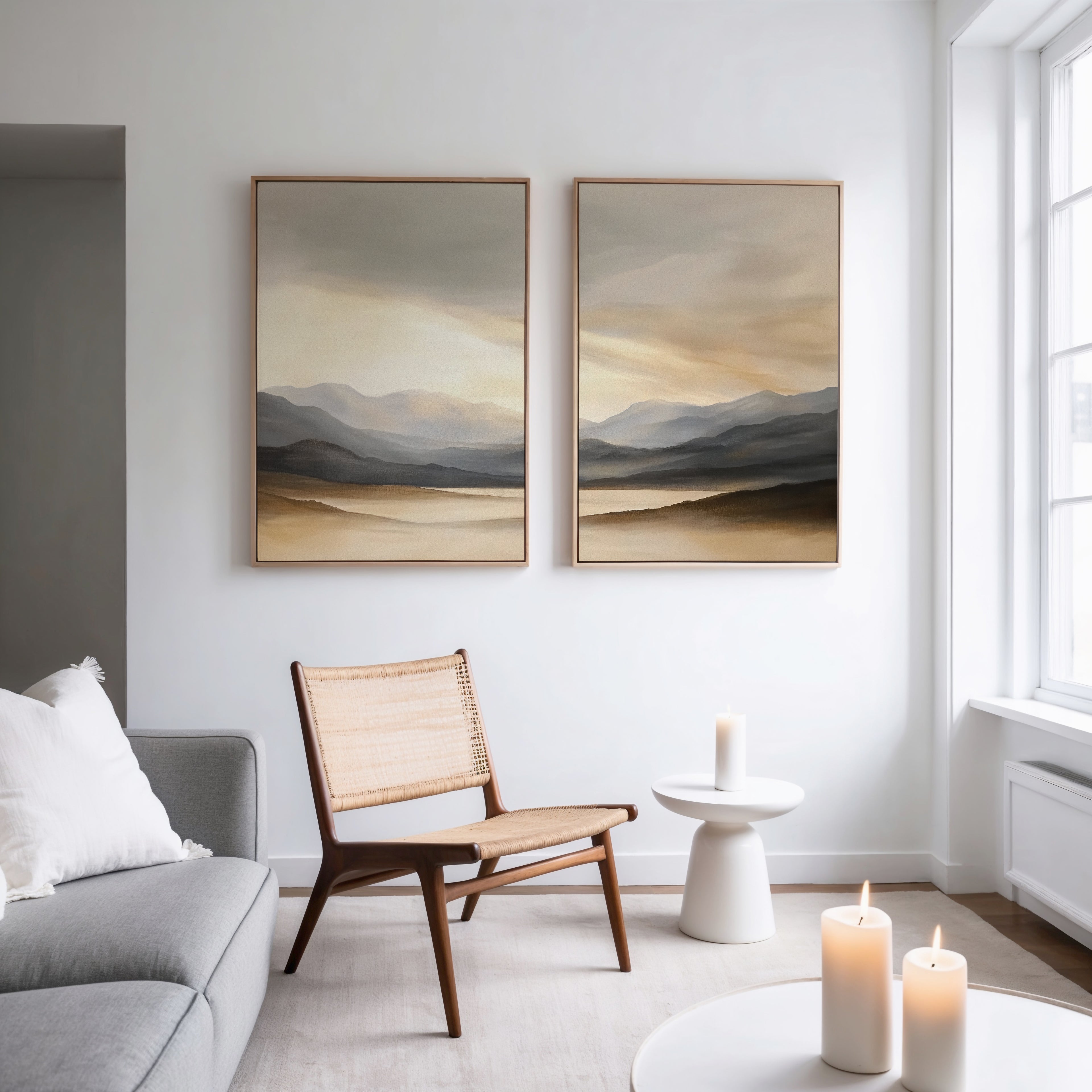A modern, minimal living room features a light gray sofa, wooden chair, small round white table with candles, and two "Mountain Reverie - Set of 2" landscape paintings on a white wall. Sunlight streams through a large window.
