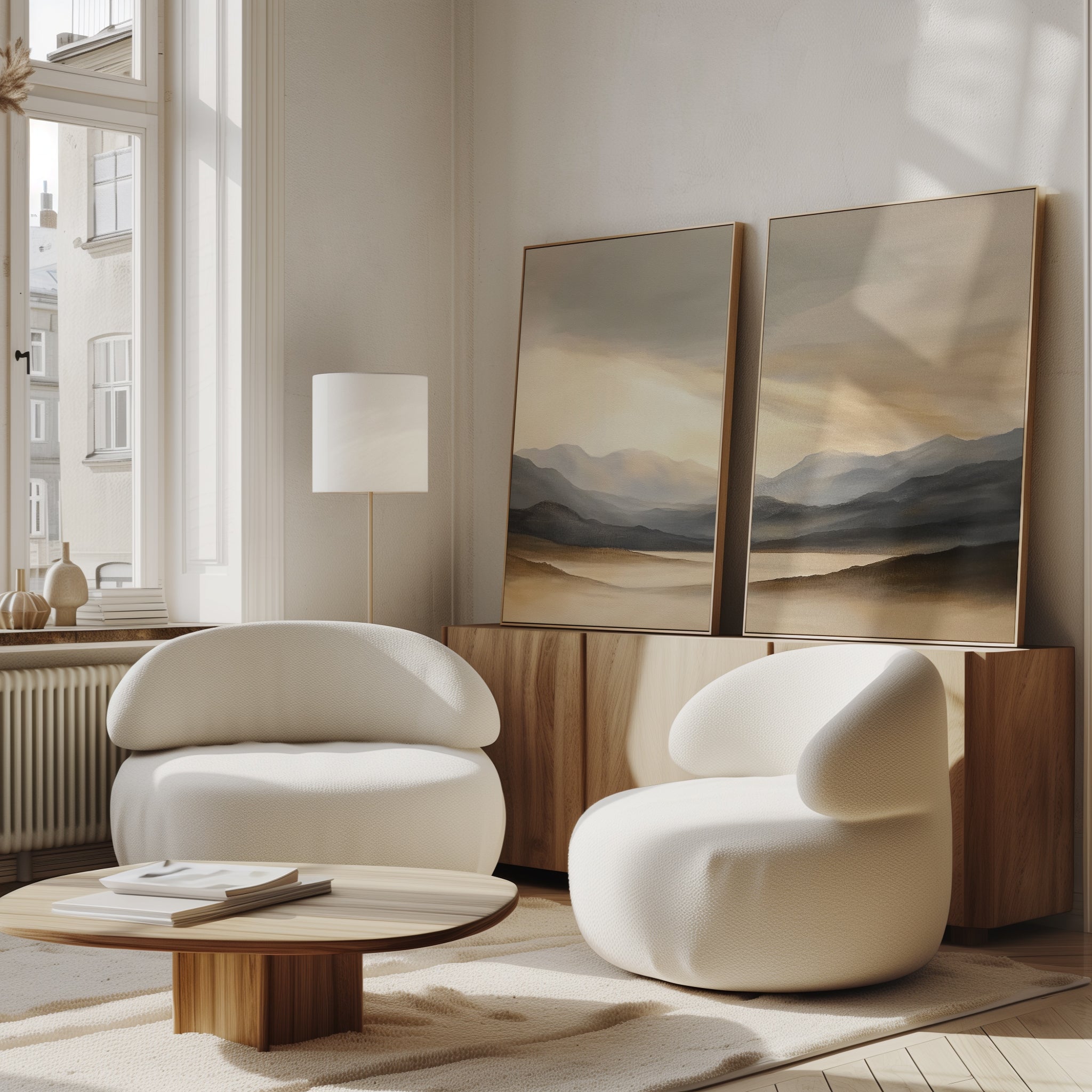 A modern living room features two round white armchairs, a low wooden coffee table, and a sideboard displaying the "Mountain Reverie - Set of 2" wall art. Sunlight pours in through tall windows, creating a warm, inviting feel.