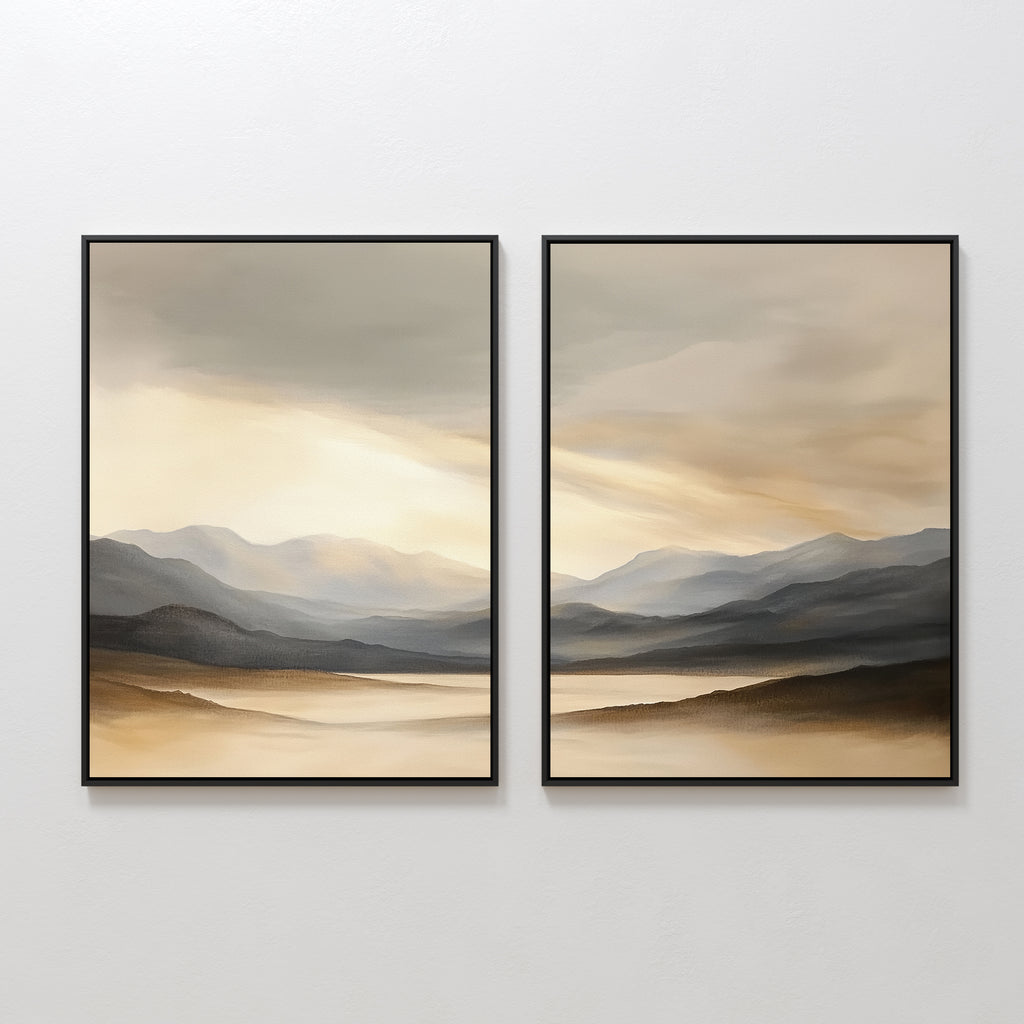 Mountain Reverie - Set of 2 features framed watercolor prints of misty mountains and a tranquil lake under cloudy skies in soft neutral tones, creating peaceful Nordic park-inspired wall art.