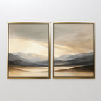 Mountain Reverie - Set of 2 features framed canvas prints showcasing serene mountains and water in soft beige, brown, and gray tones, evoking a calm, misty Nordic Park ambiance for your wall.