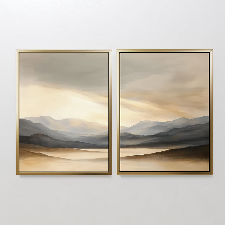Mountain Reverie - Set of 2 features framed canvas prints showcasing serene mountains and water in soft beige, brown, and gray tones, evoking a calm, misty Nordic Park ambiance for your wall.