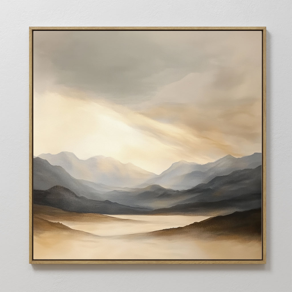 Mountain Reverie Canvas Art - Square features misty mountains under a cloudy sky with warm sunlight. This serene, framed wall art adds tranquil, atmospheric beauty to any room.