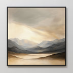 The Mountain Reverie Canvas Art - Square showcases a misty mountain landscape in gray, beige, and gold tones. Light filters through the clouds over peaceful hills and valleys—ideal serene wall art for any space.