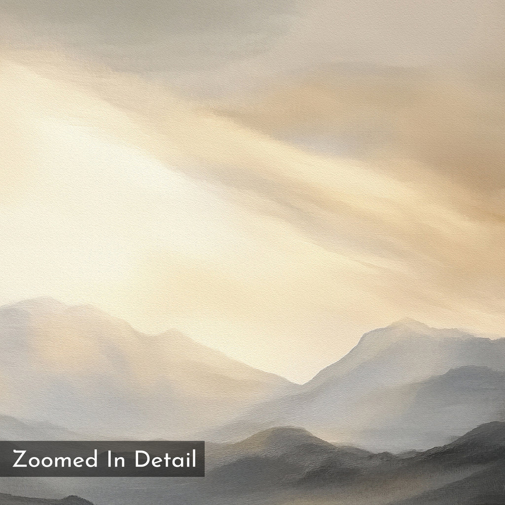 Mountain Reverie Canvas Art - Square: A soft pastel painting depicting misty mountains beneath a cloudy sky with warm light. The gentle gradient adds tranquility, and "Zoomed In Detail" is displayed in the corner.
